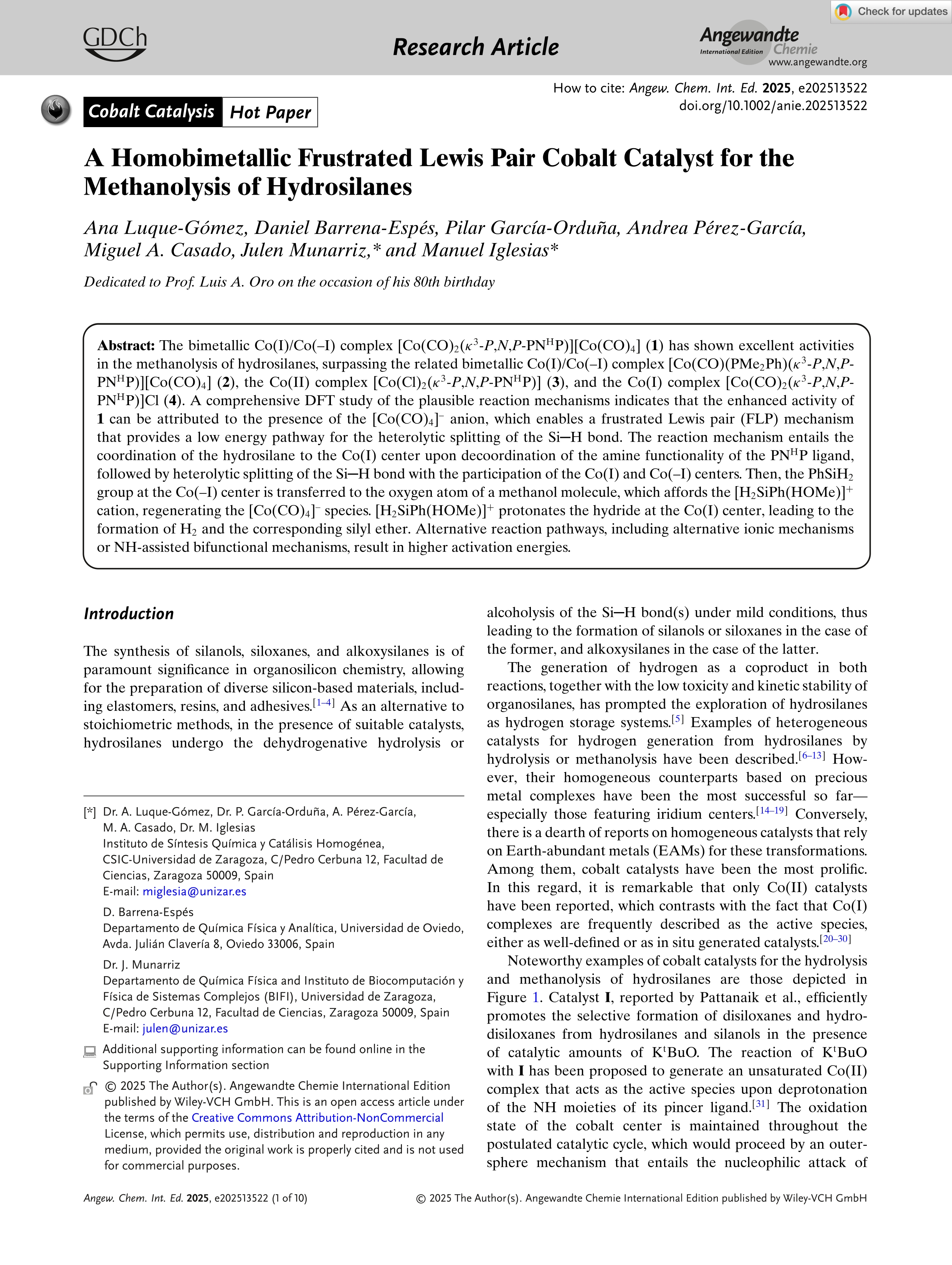 A Homobimetallic Frustrated Lewis Pair Cobalt Catalyst for the Methanolysis of Hydrosilanes