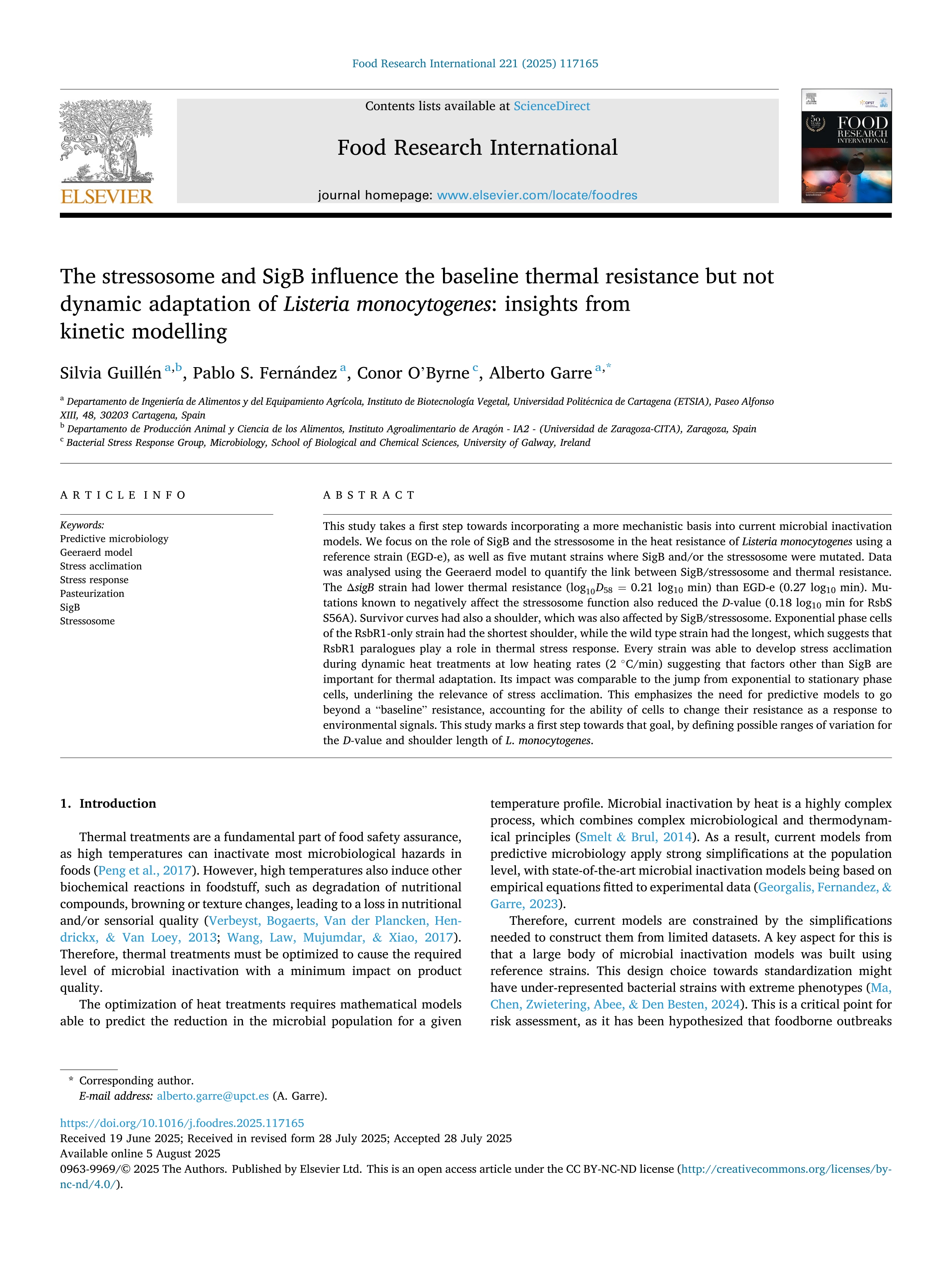 The stressosome and SigB influence the baseline thermal resistance but not dynamic adaptation of Listeria monocytogenes: insights from kinetic modelling