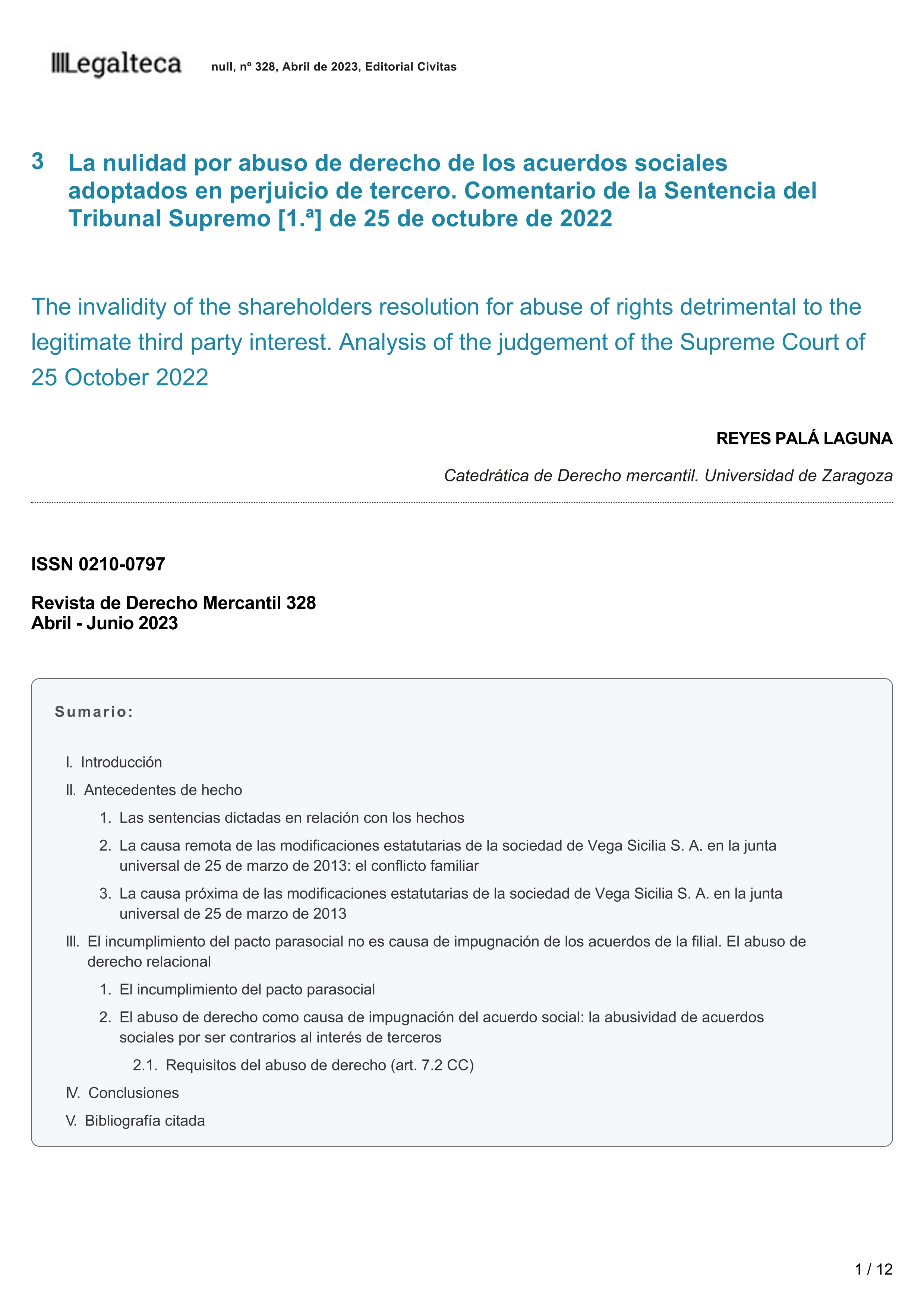La nulidad por abuso de derecho de los acuerdos sociales adoptados en perjuicio de tercero. Comentario de la Sentencia del Tribunal Supremo [1.ª] de 25 de octubre de 2022