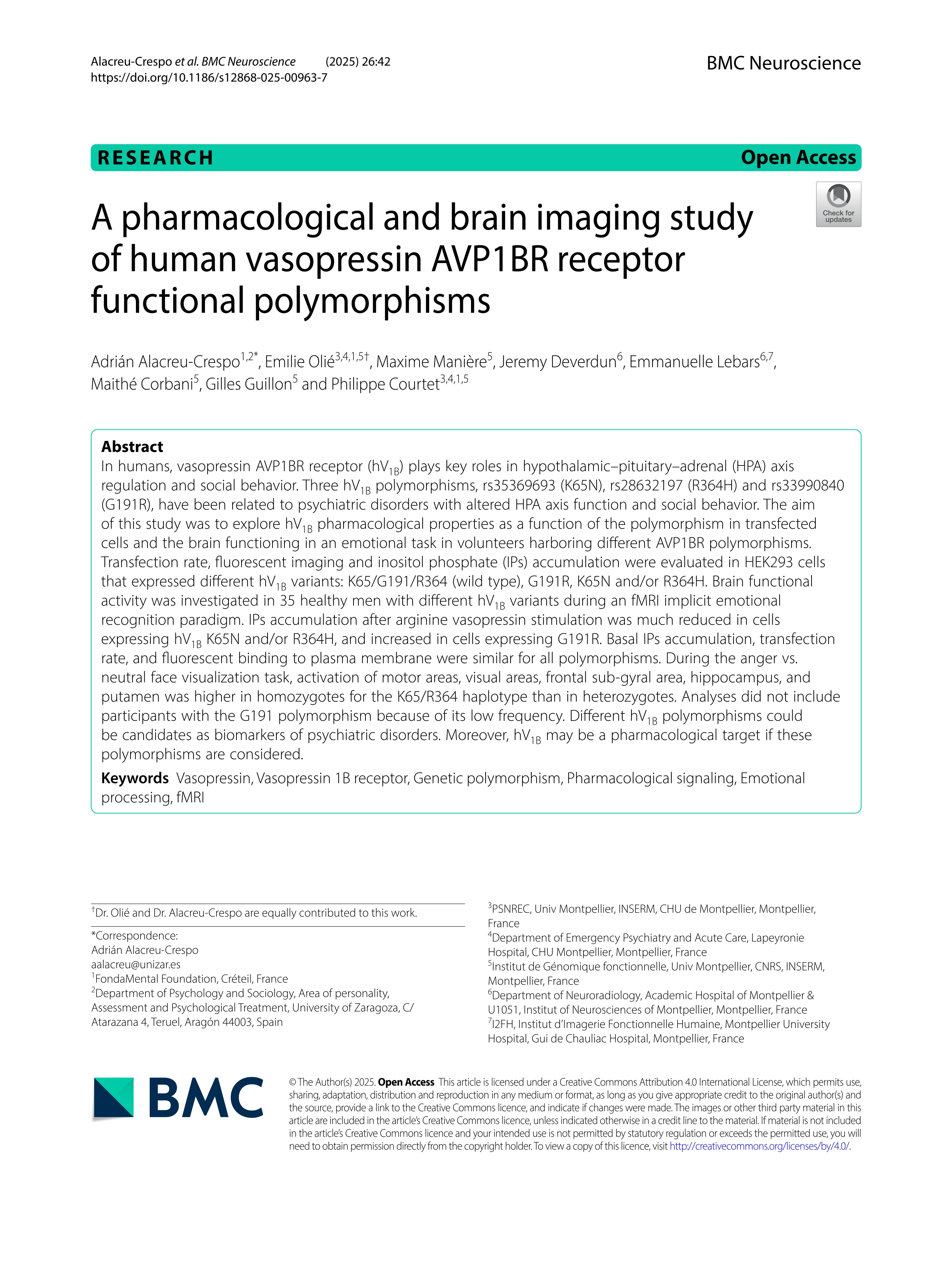 A pharmacological and brain imaging study of human vasopressin AVP1BR receptor functional polymorphisms