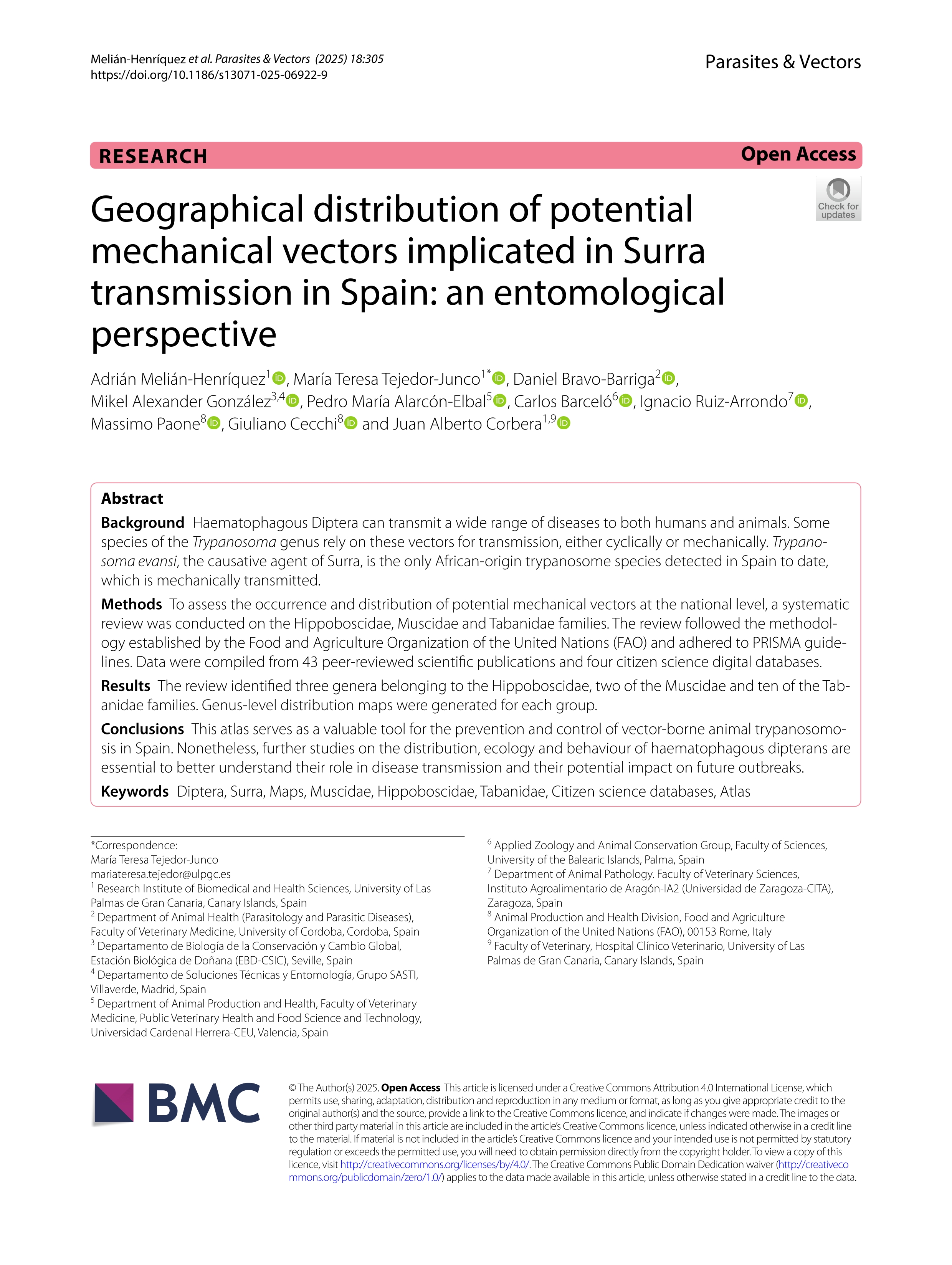 Geographical distribution of potential mechanical vectors implicated in Surra transmission in Spain: an entomological perspective