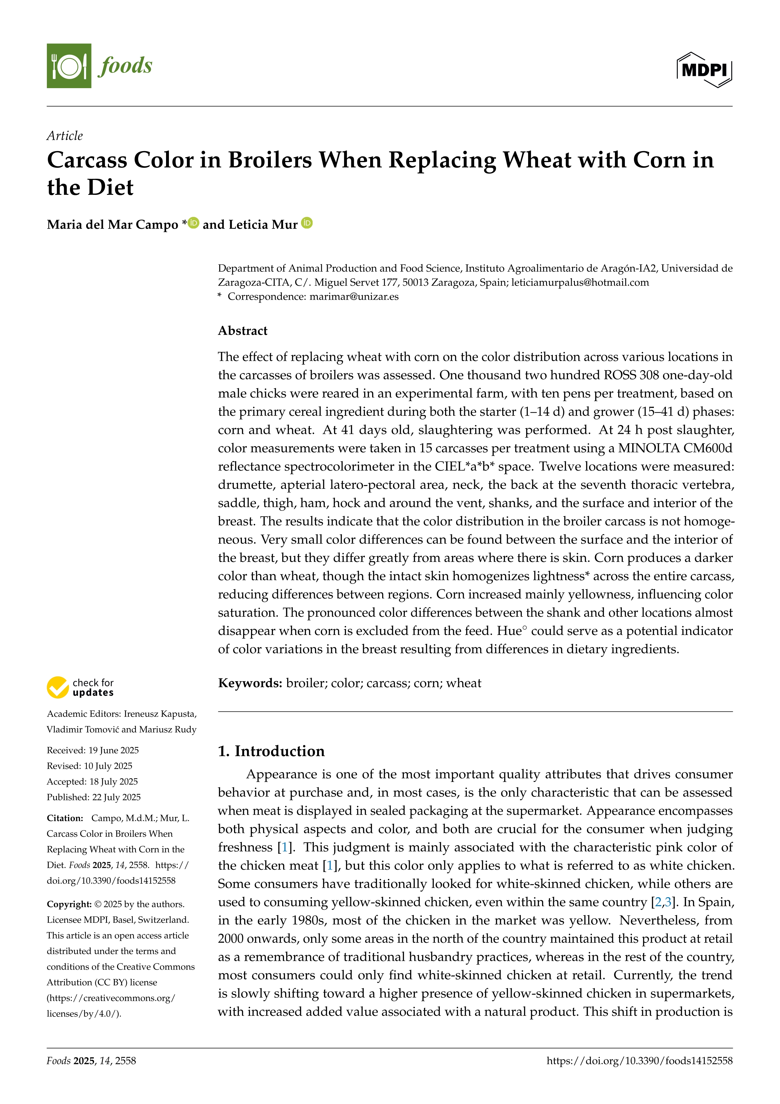 Carcass Color in Broilers When Replacing Wheat with Corn in the Diet