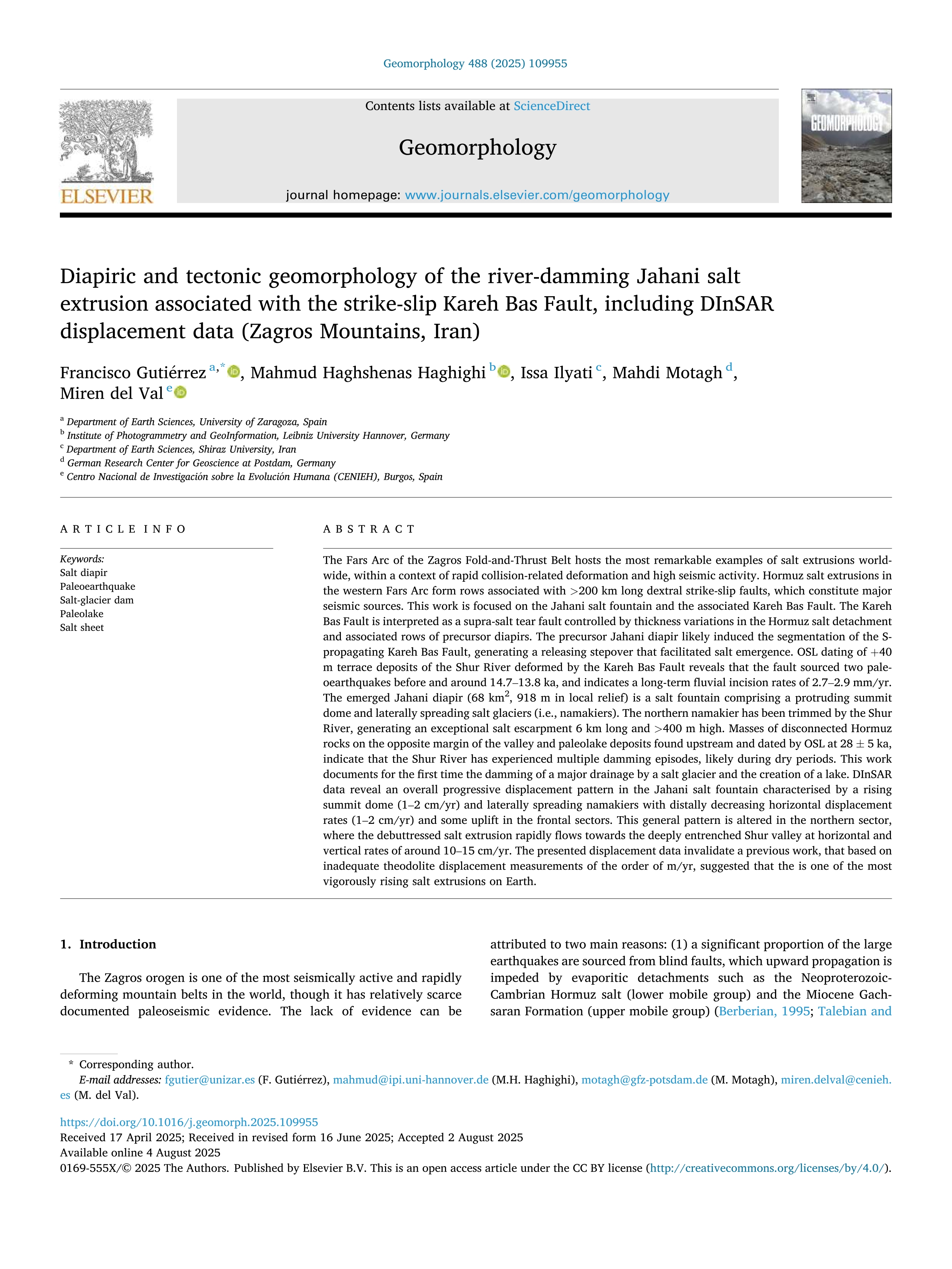 Diapiric and tectonic geomorphology of the river-damming Jahani salt extrusion associated with the strike-slip Kareh Bas Fault, including DInSAR displacement data (Zagros Mountains, Iran)