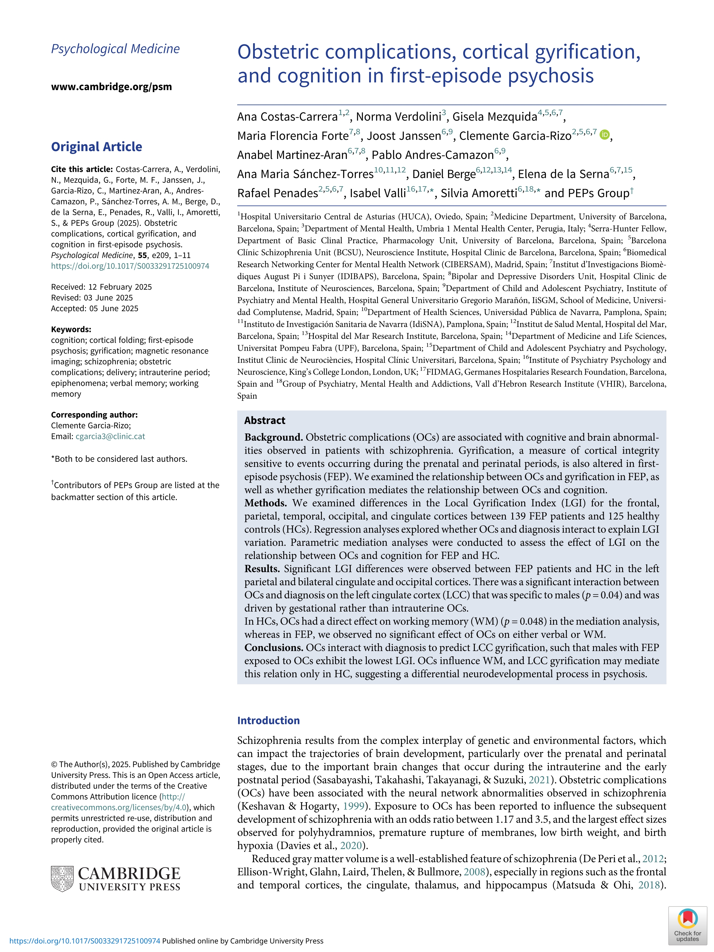 Obstetric complications, cortical gyrification, and cognition in first-episode psychosis