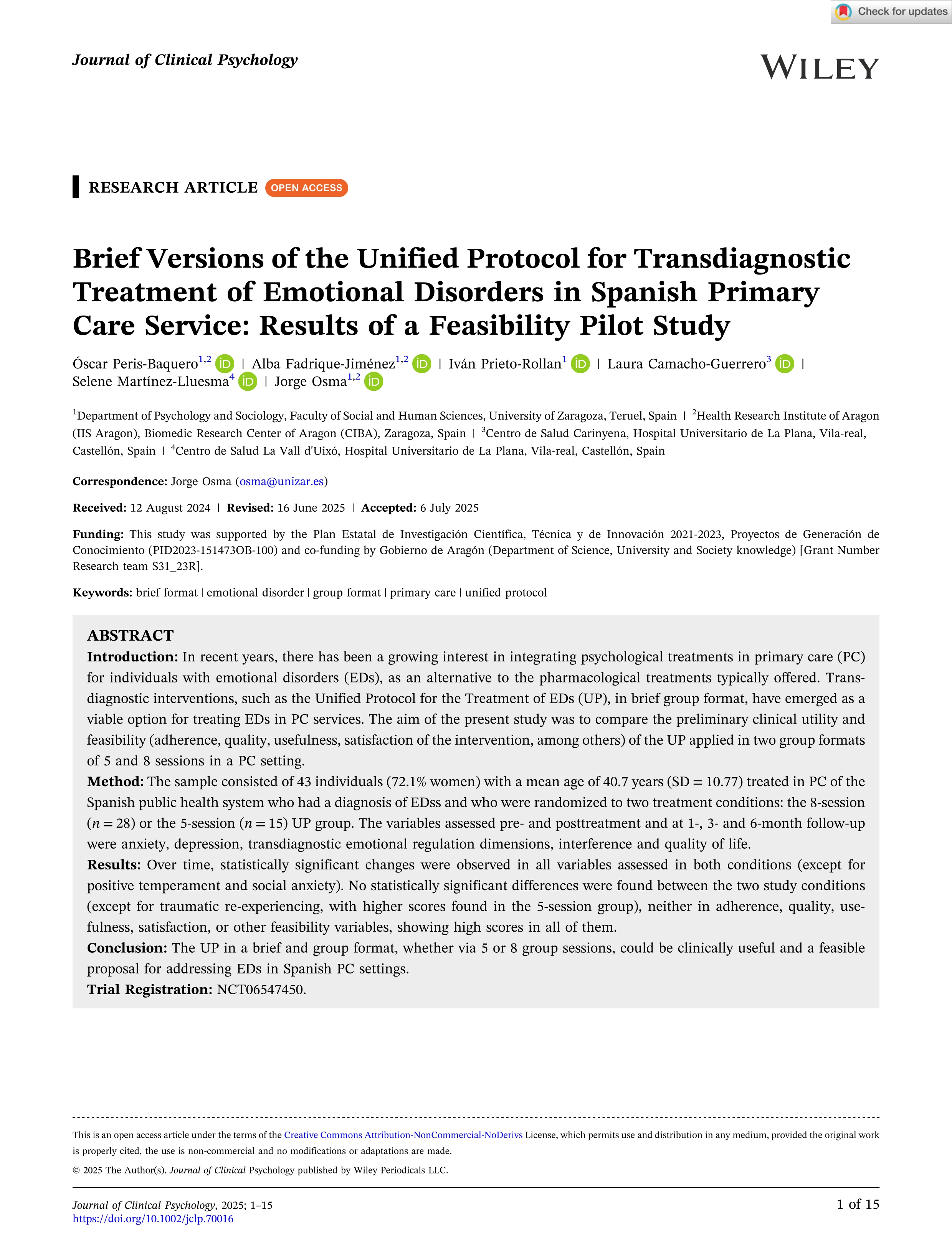 Brief Versions of the Unified Protocol for Transdiagnostic Treatment of Emotional Disorders in Spanish Primary Care Service: Results of a Feasibility Pilot Study