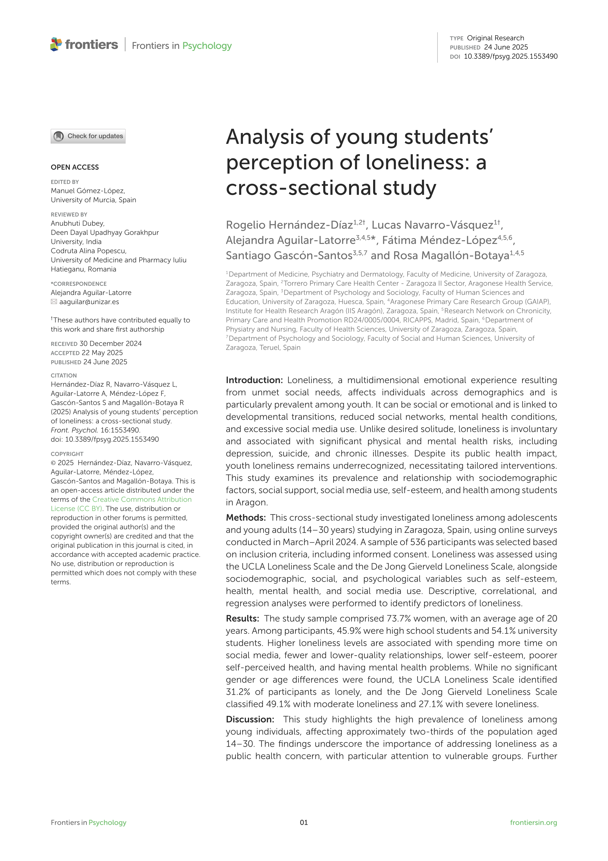 Analysis of young students' perception of loneliness: a cross-sectional study