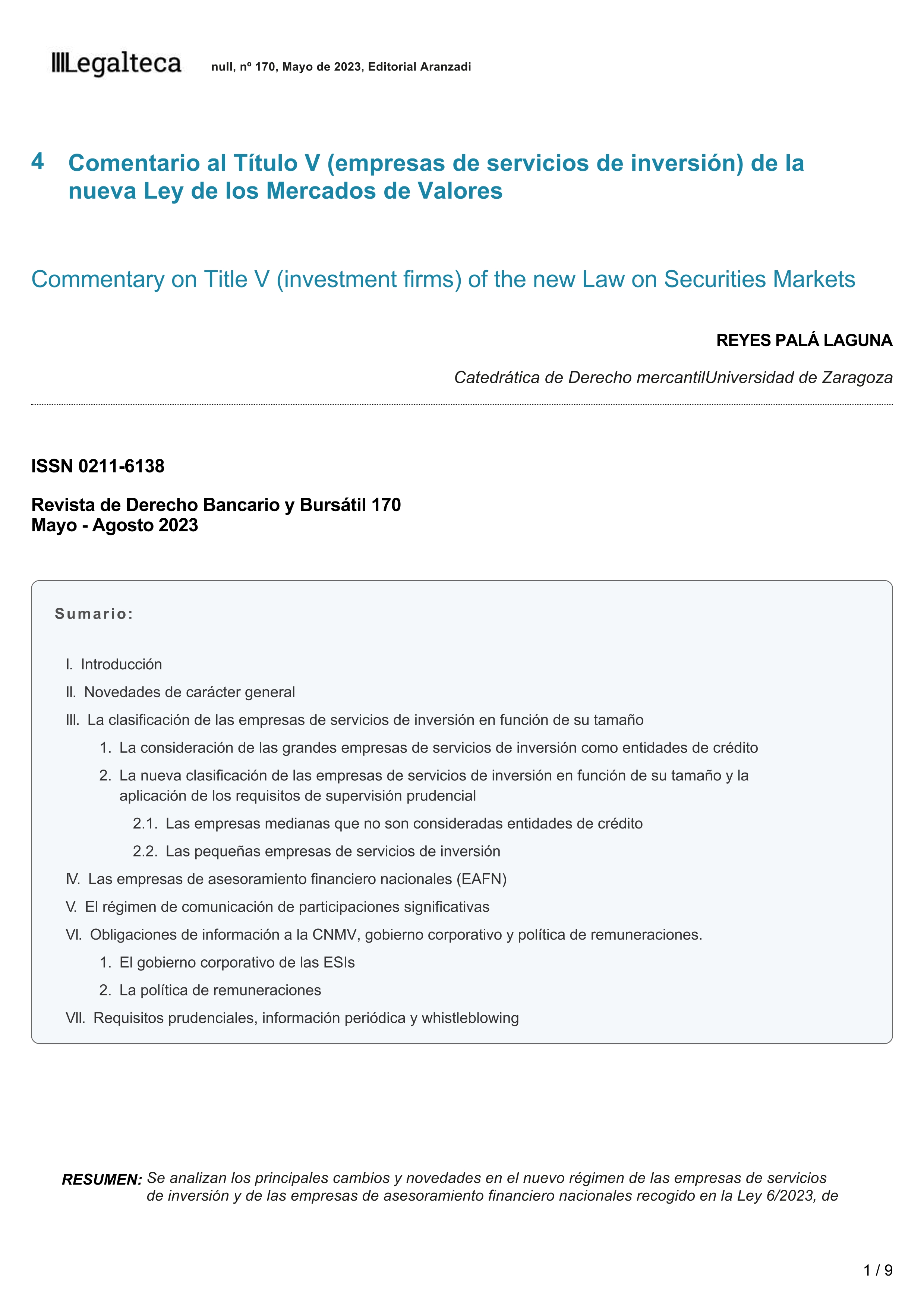 Comentario al Título V (empresas de servicios de inversión) de la nueva Ley de los Mercados de Valores