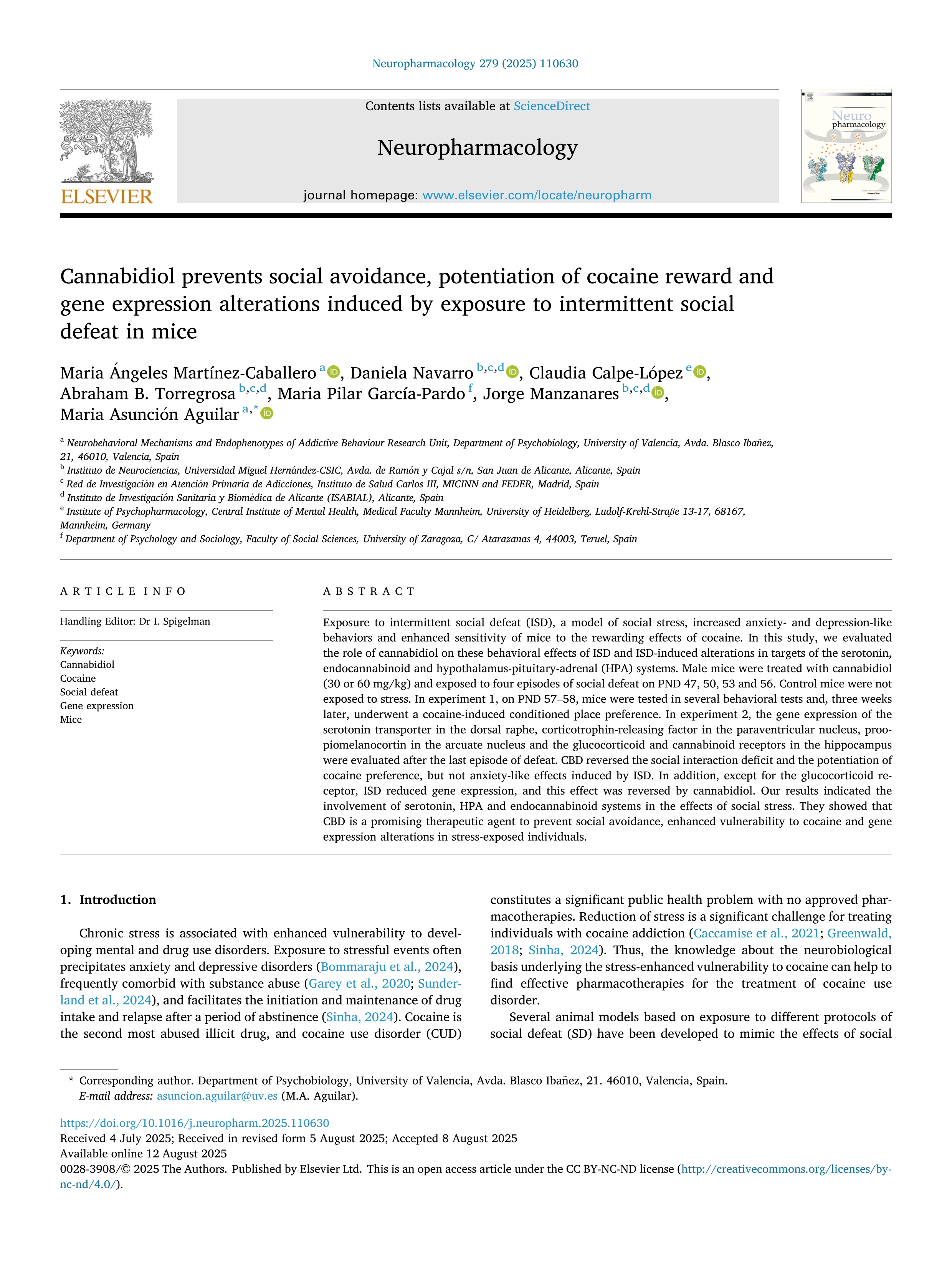 Cannabidiol prevents social avoidance, potentiation of cocaine reward and gene expression alterations induced by exposure to intermittent social defeat in mice