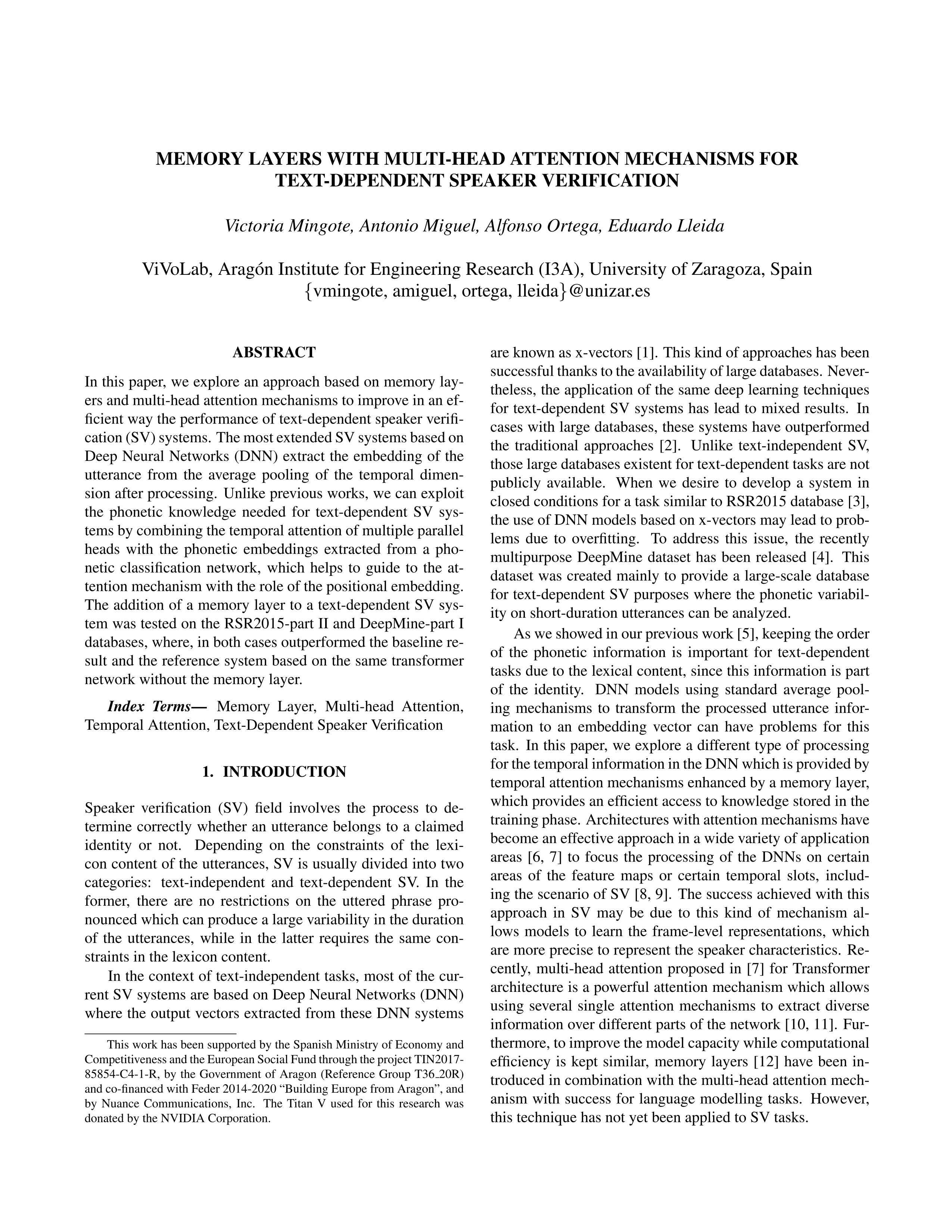 Memory Layers with Multi-Head Attention Mechanisms for Text-Dependent Speaker Verification