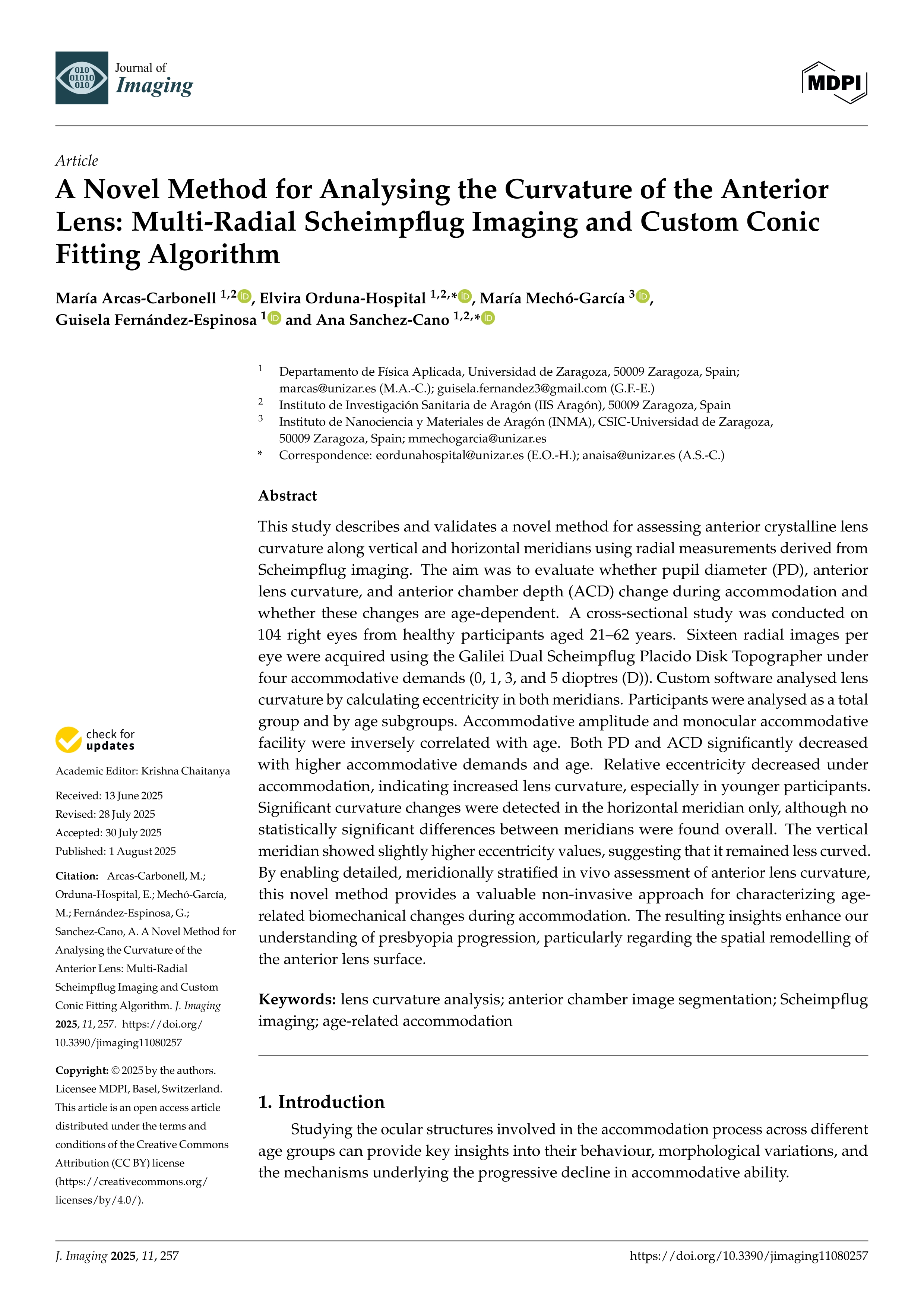 A Novel Method for Analysing the Curvature of the Anterior Lens: Multi-Radial Scheimpflug Imaging and Custom Conic Fitting Algorithm