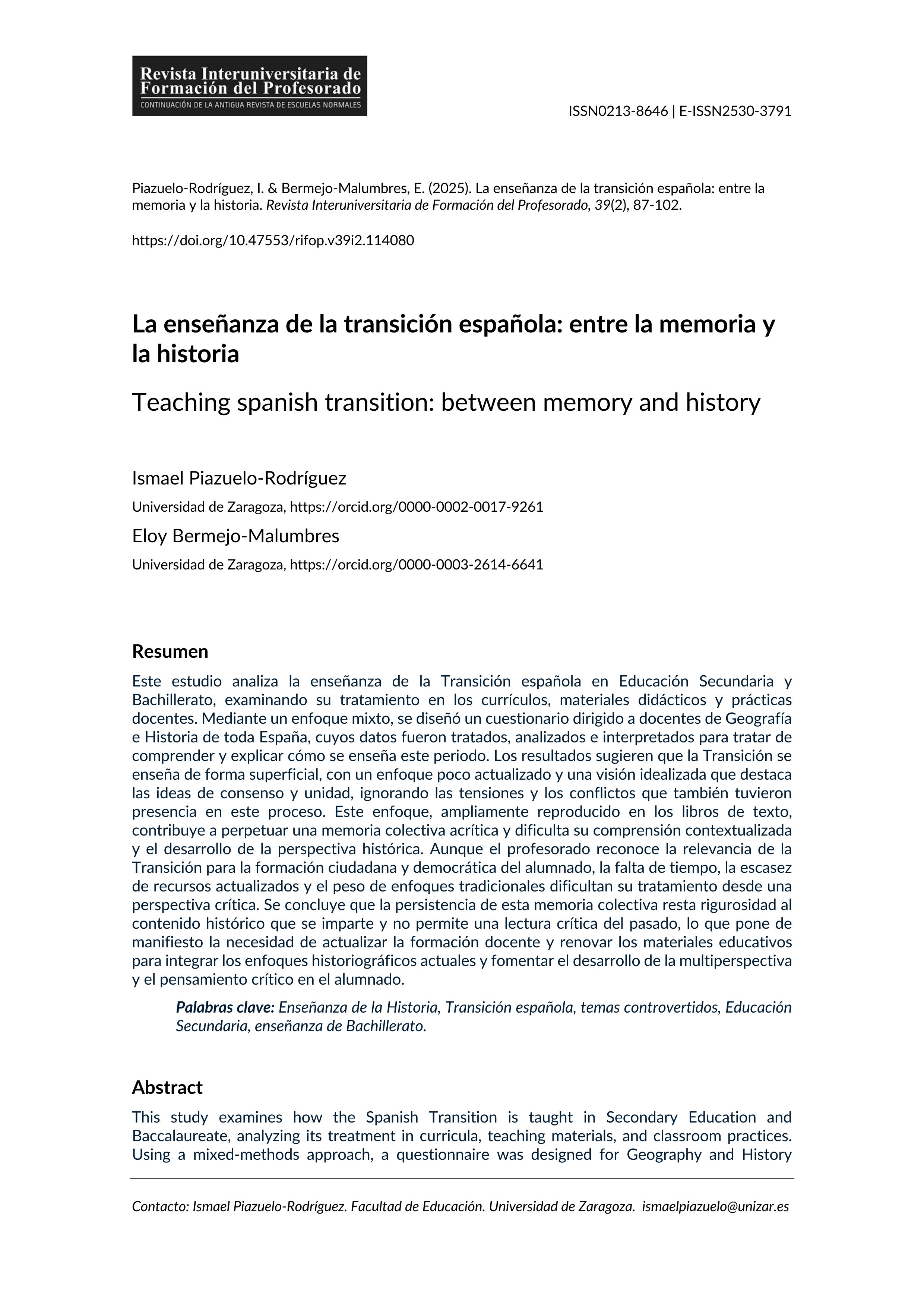 La enseñanza de la Transición española: entre la memoria y la historia