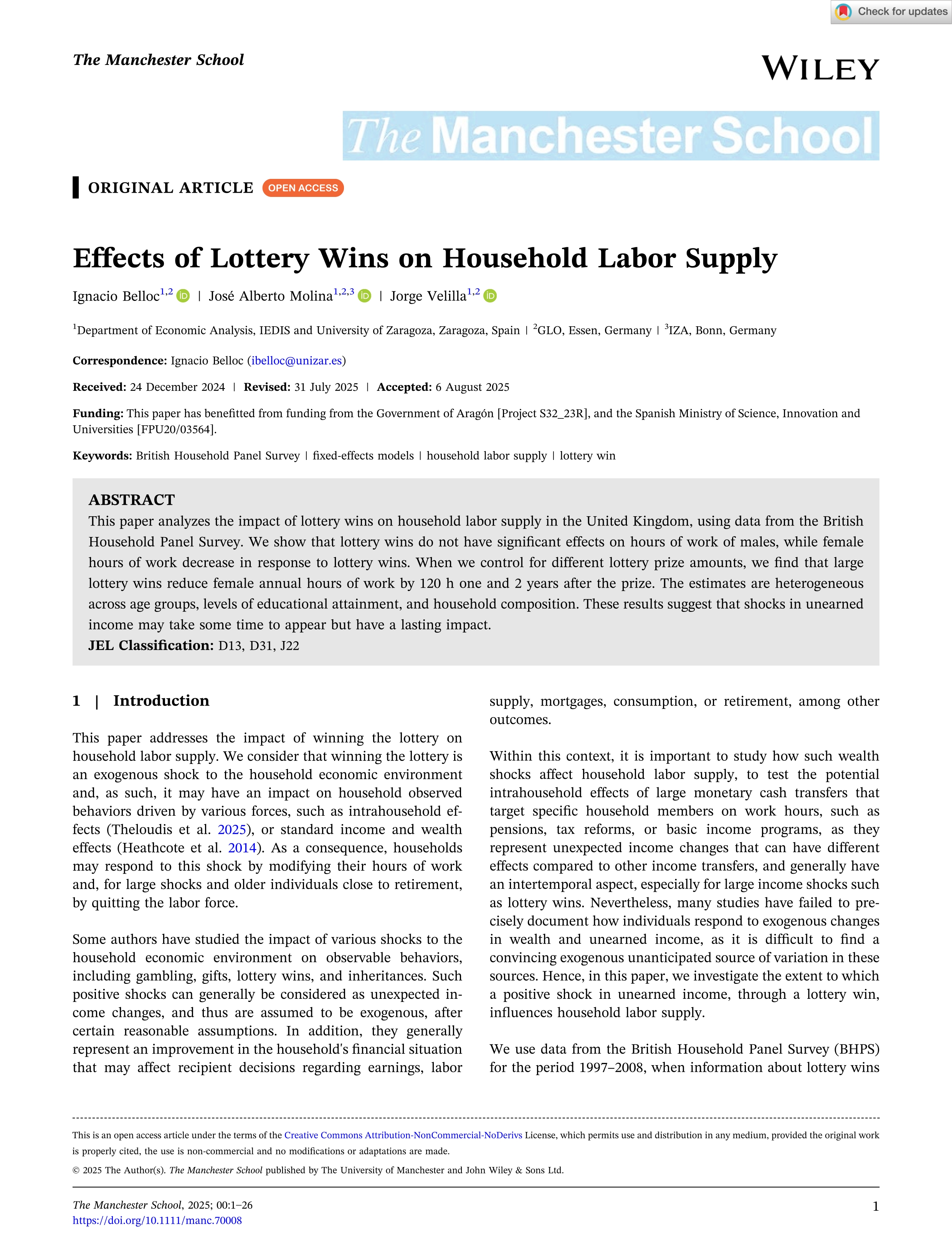 Effects of Lottery Wins on Household Labor Supply