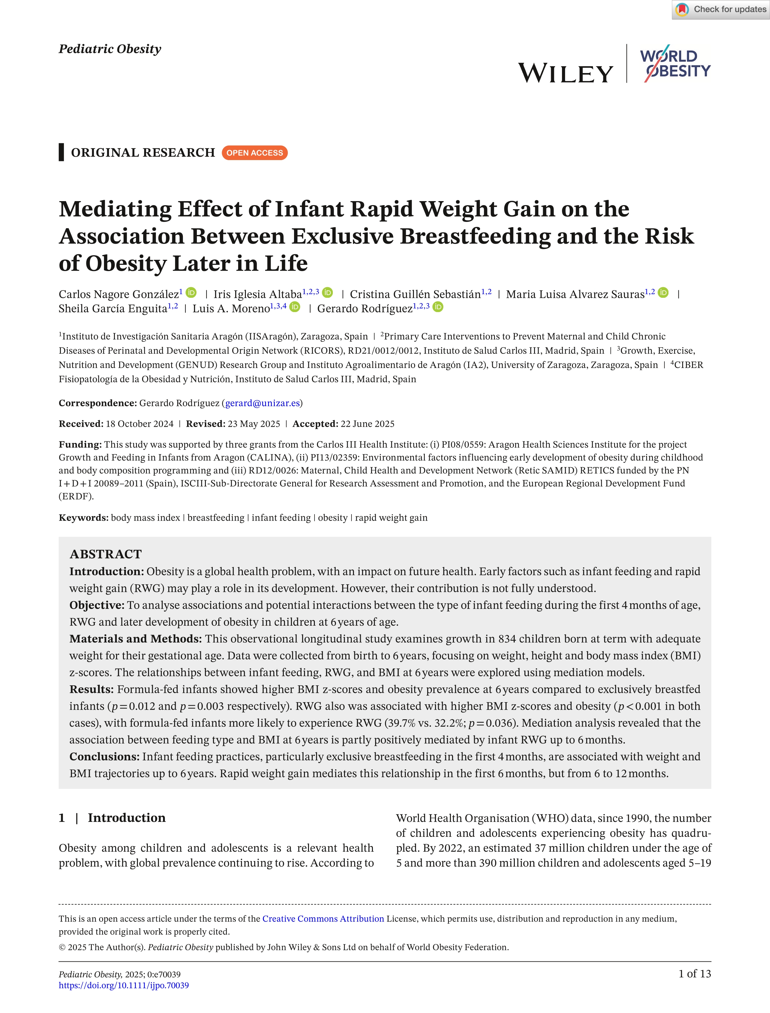 Mediating effect of infant rapid weight gain on the association between exclusive breastfeeding and the risk of obesity later in life
