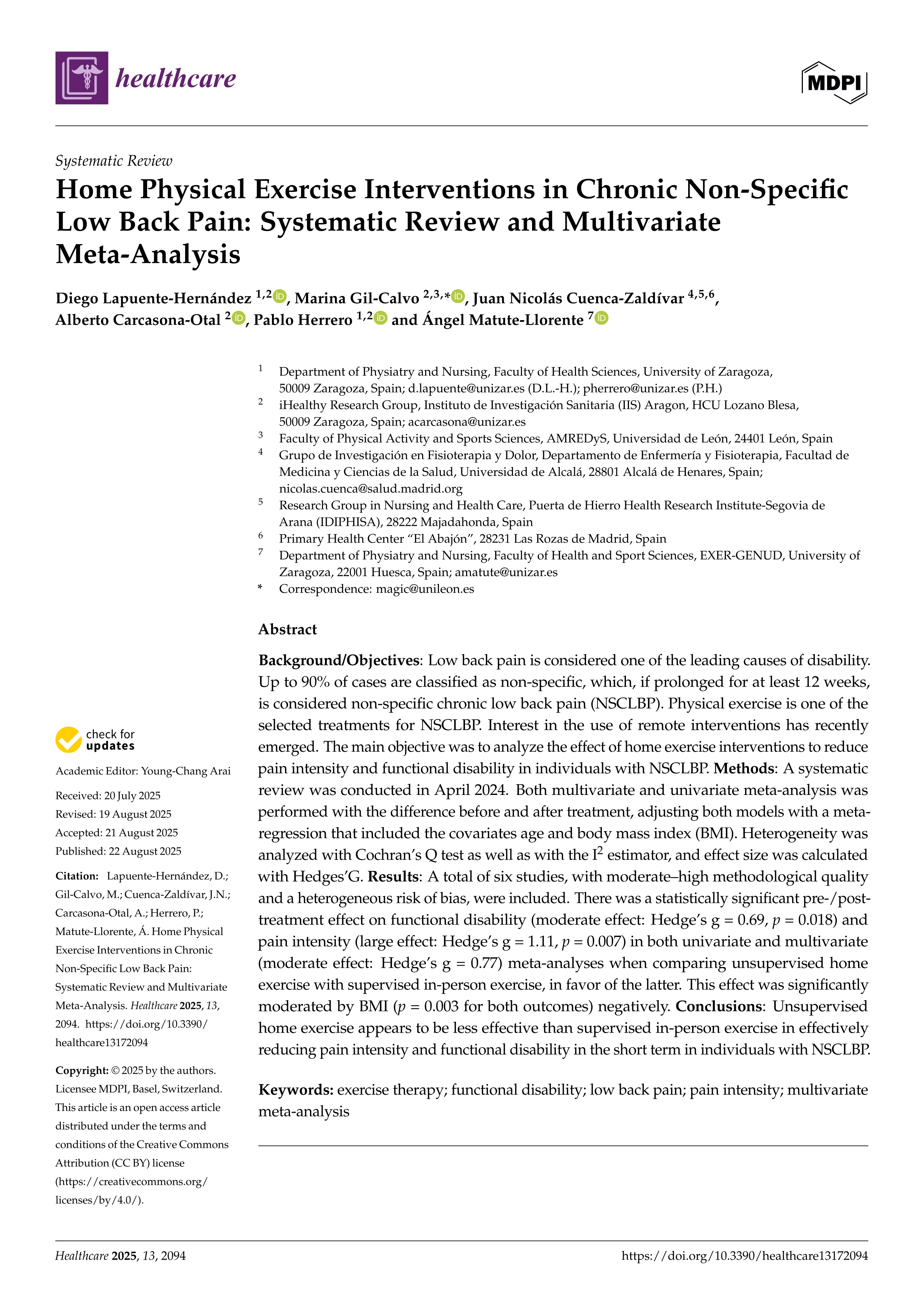 Home Physical Exercise Interventions in Chronic Non-Specific Low Back Pain: Systematic Review and Multivariate Meta-Analysis