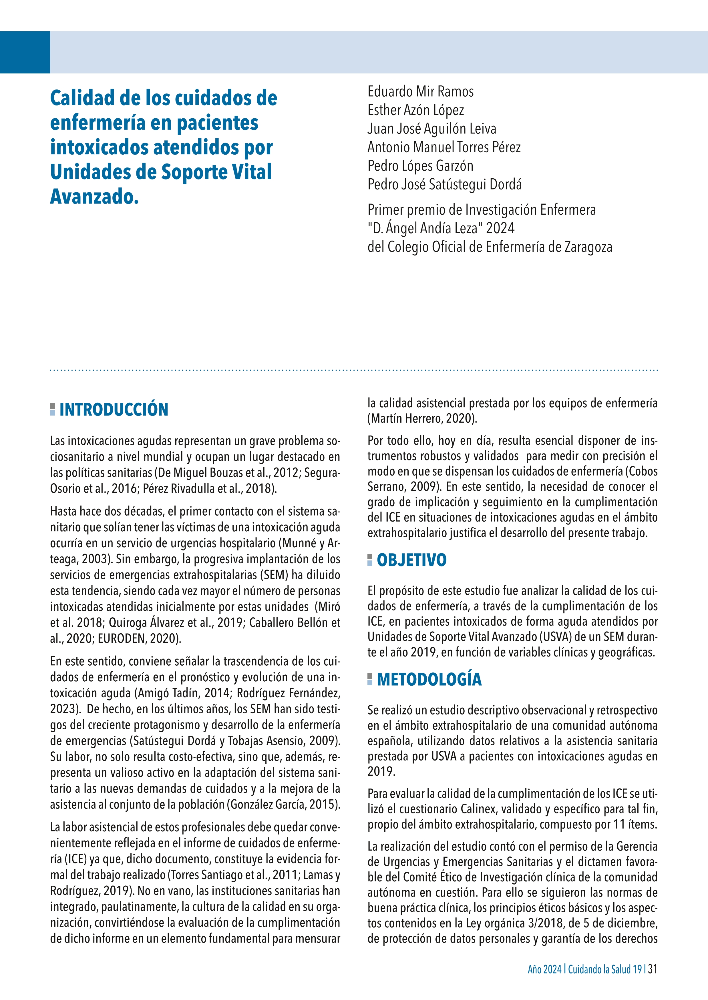 Calidad de los cuidados de enfermería en pacientes intoxicados atendidos por Unidades de Soporte Vital Avanzado