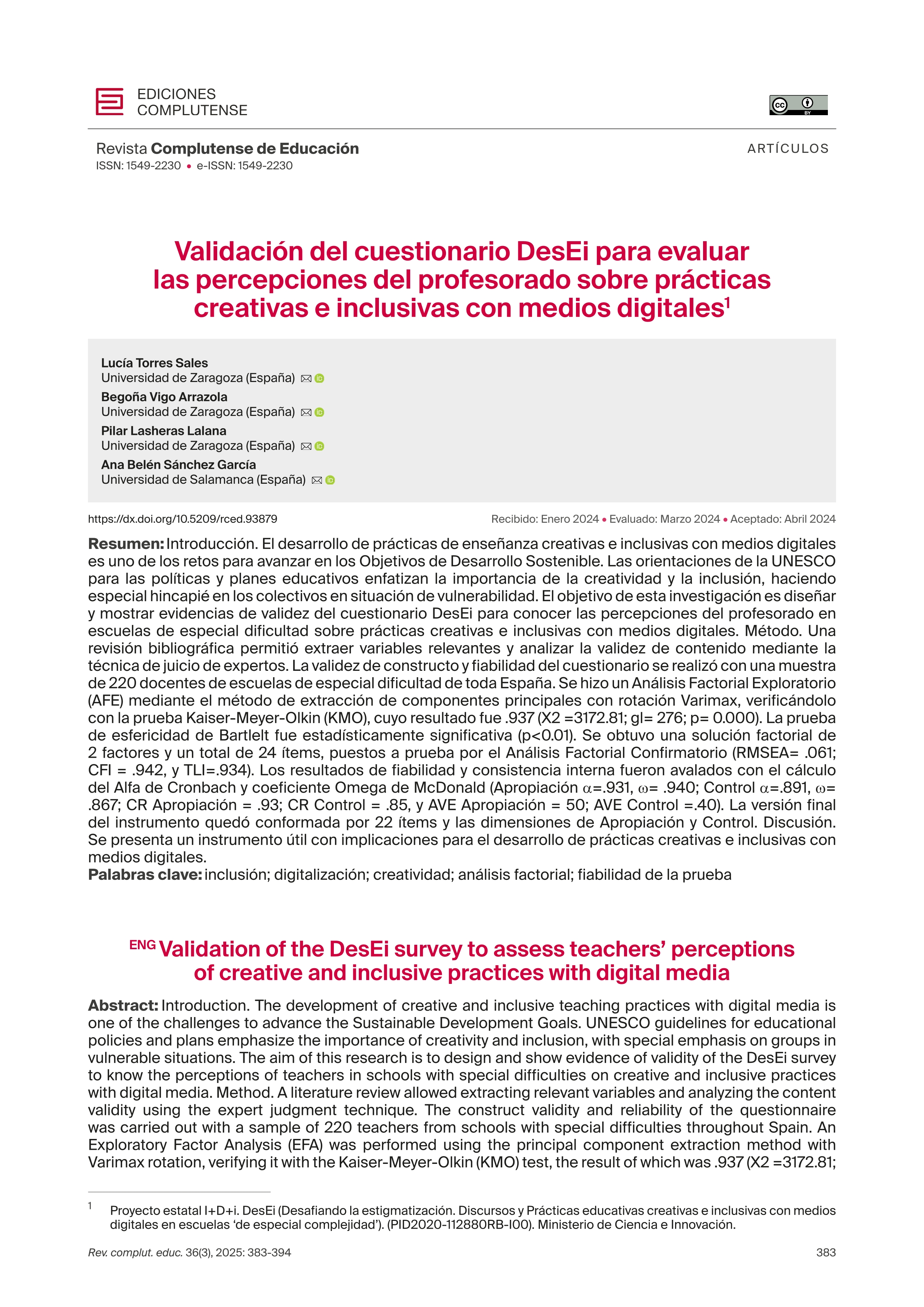 Validación del cuestionario DesEi para evaluar las percepciones del profesorado sobre prácticas creativas e inclusivas con medios digitales