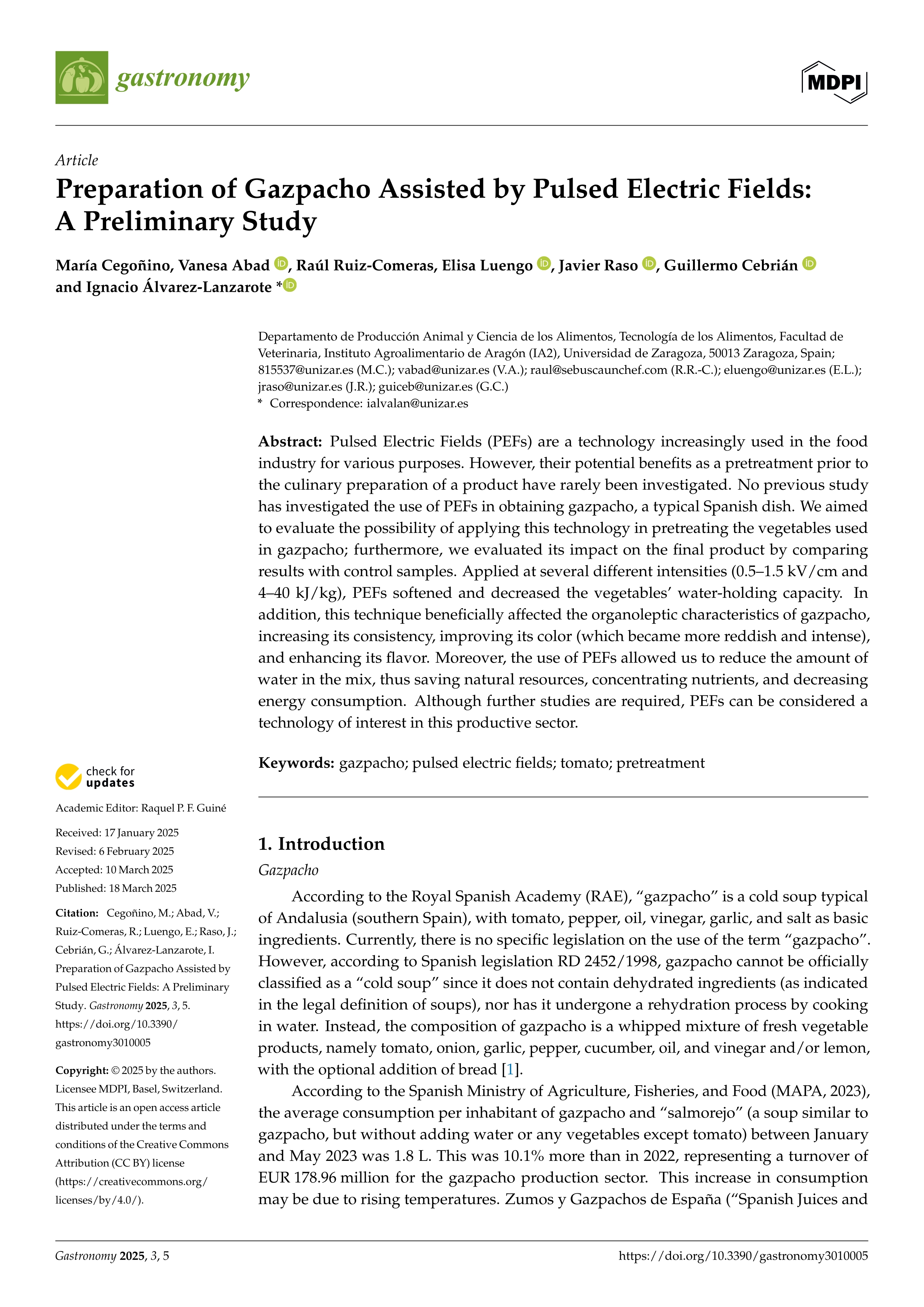 Preparation of Gazpacho Assisted by Pulsed Electric Fields: A Preliminary Study