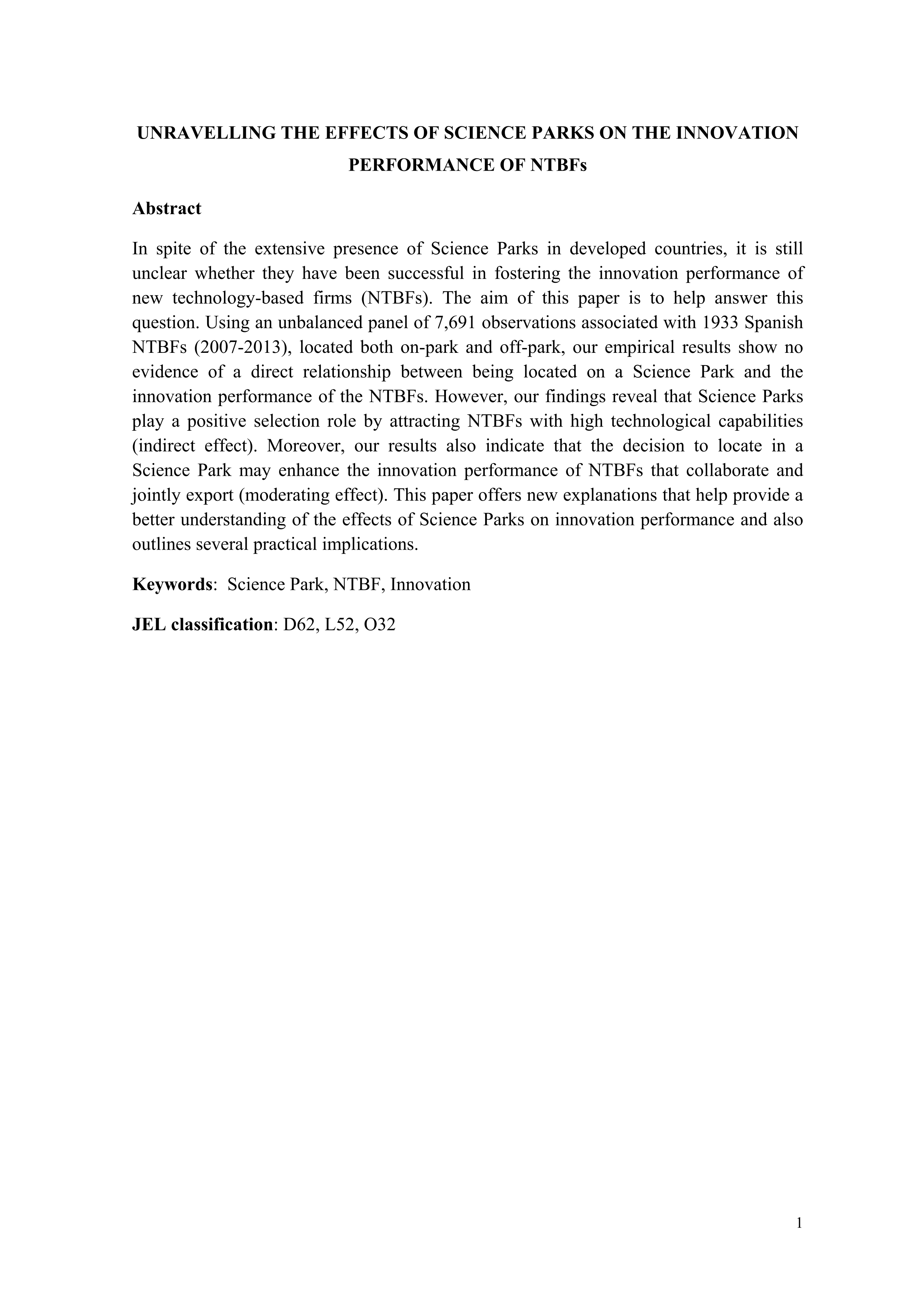 Unravelling the effects of Science Parks on the innovation performance of NTBFs