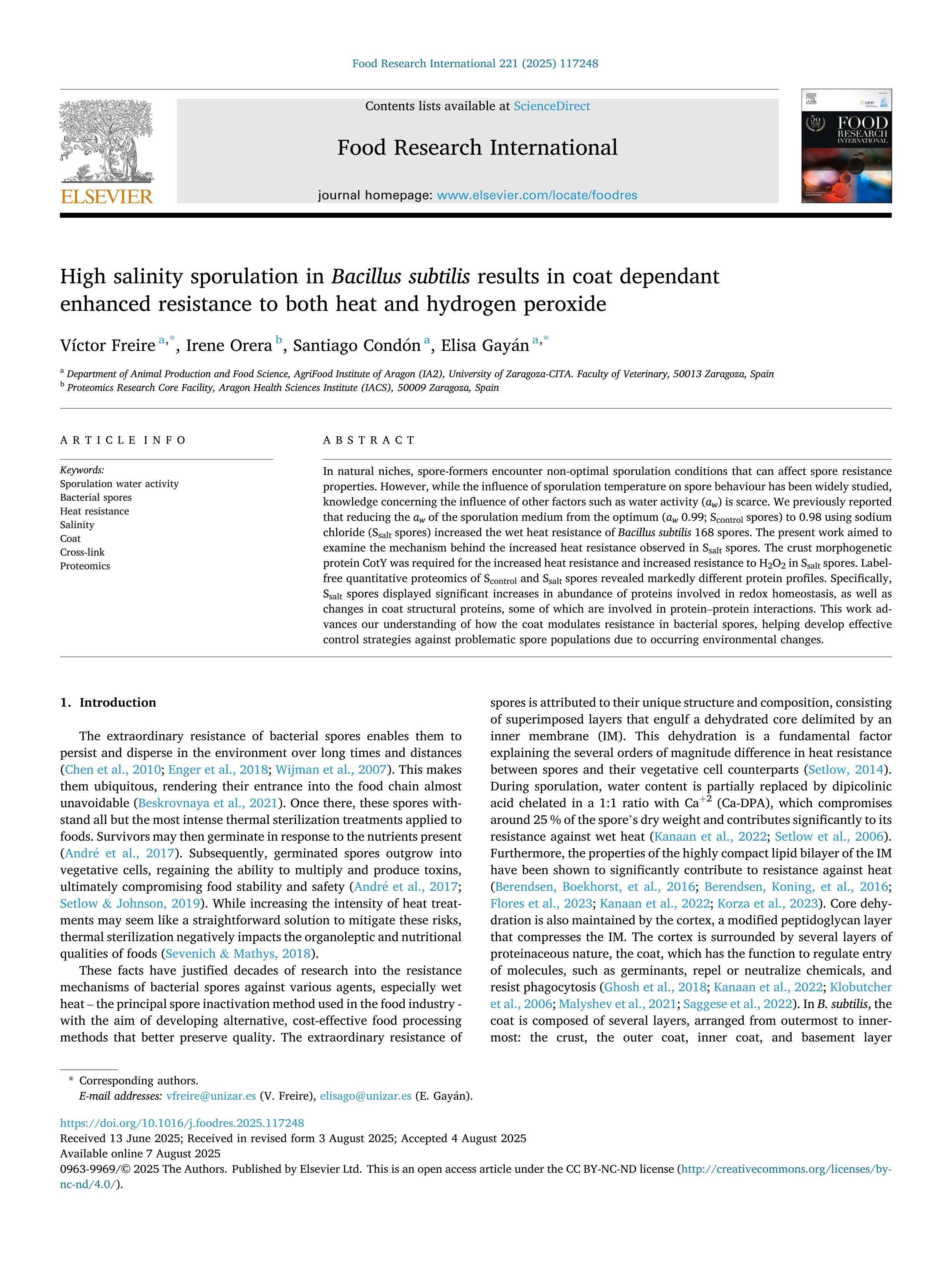 High salinity sporulation in Bacillus subtilis results in coat dependant enhanced resistance to both heat and hydrogen peroxide