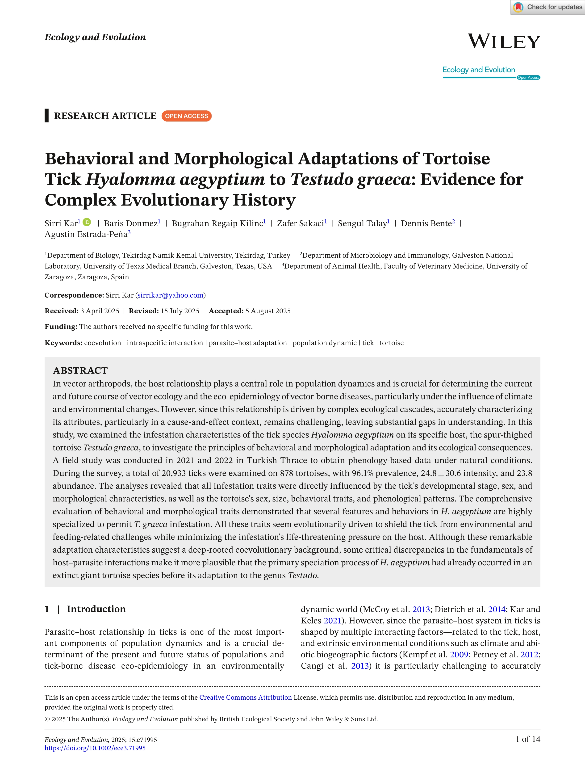 Behavioral and Morphological Adaptations of Tortoise Tick <i>Hyalomma aegyptium</i> to <i>Testudo graeca</i>: Evidence for Complex Evolutionary History