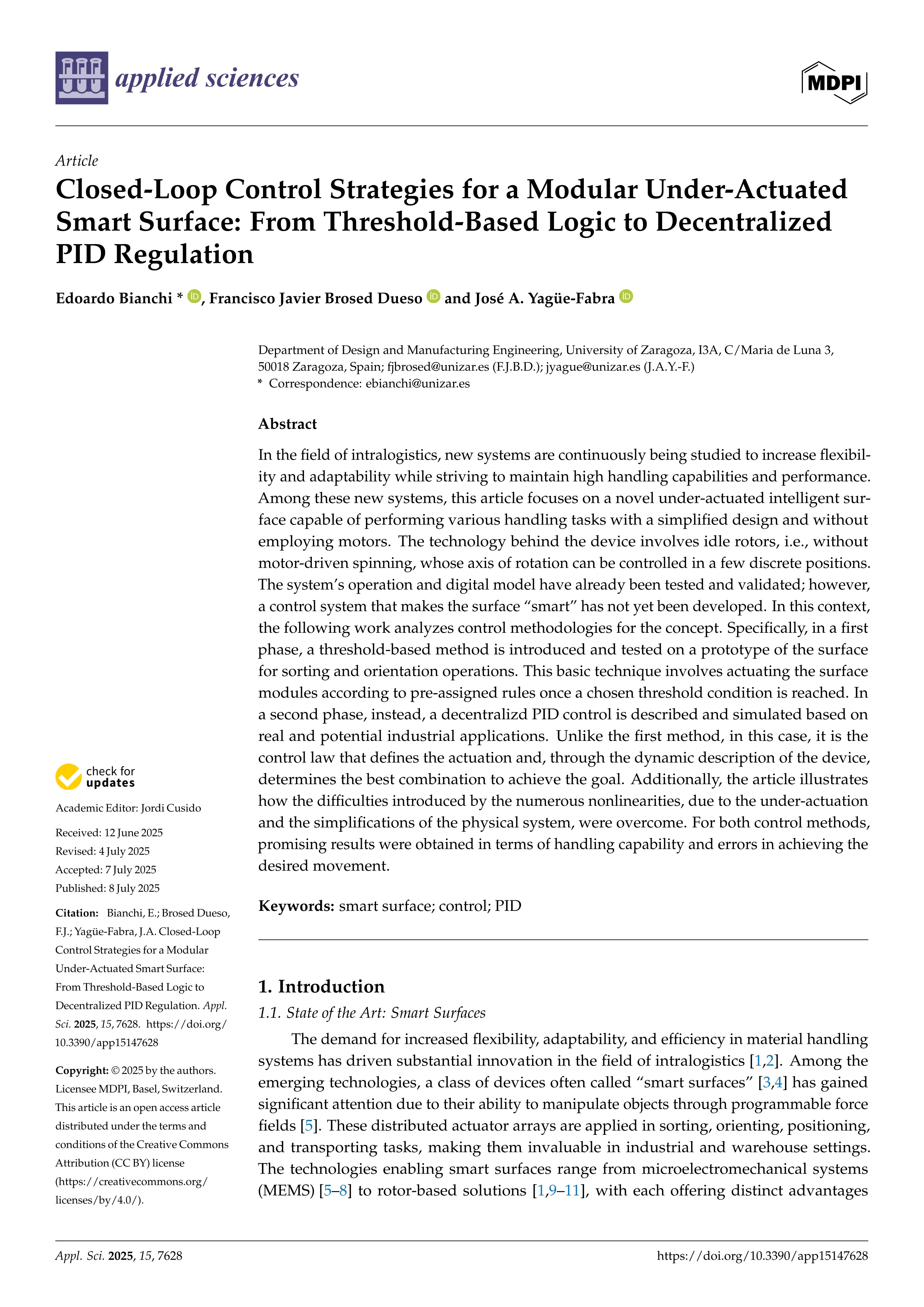 Closed-Loop Control Strategies for a Modular Under-Actuated Smart Surface: From Threshold-Based Logic to Decentralized PID Regulation