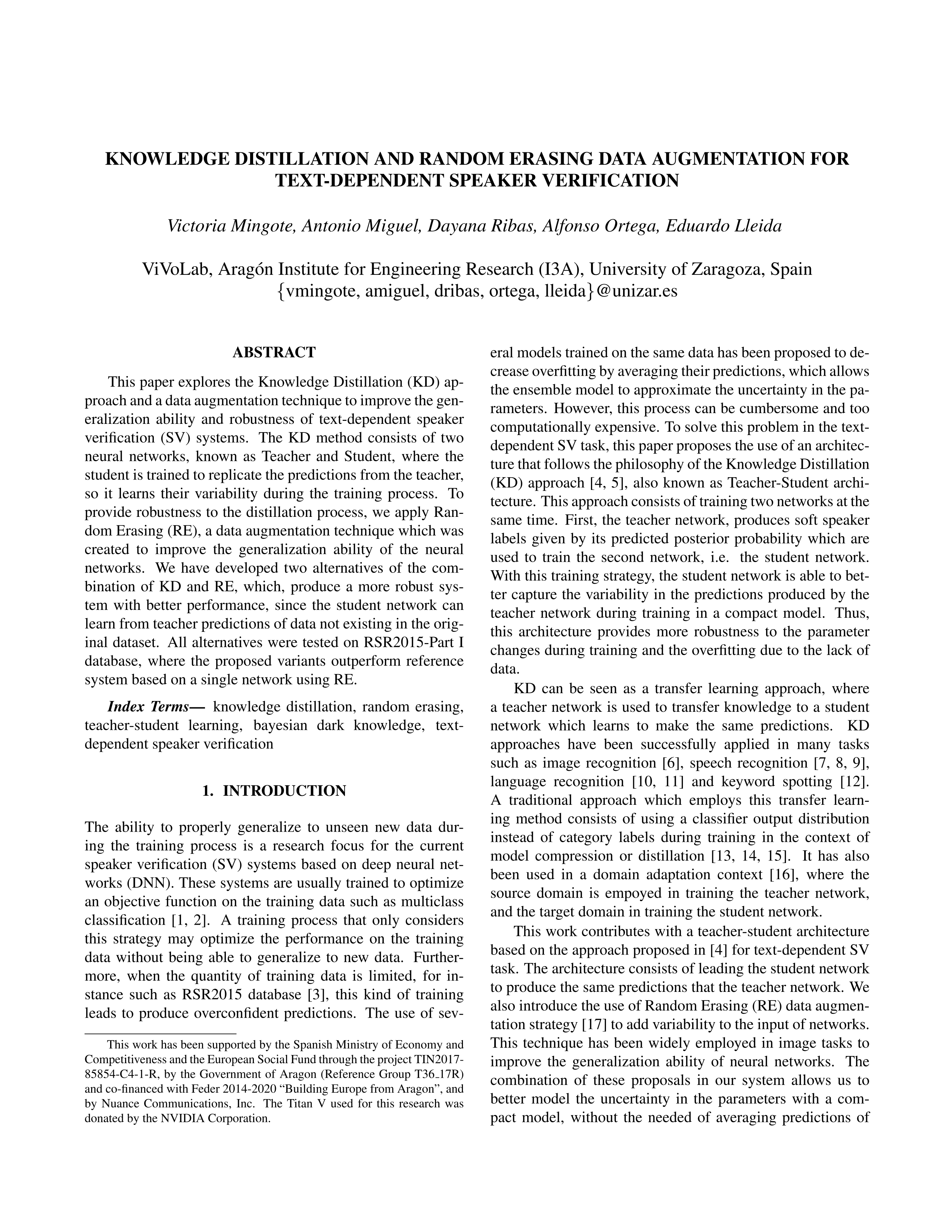 Knowledge Distillation and Random Erasing Data Augmentation for Text-Dependent Speaker Verification