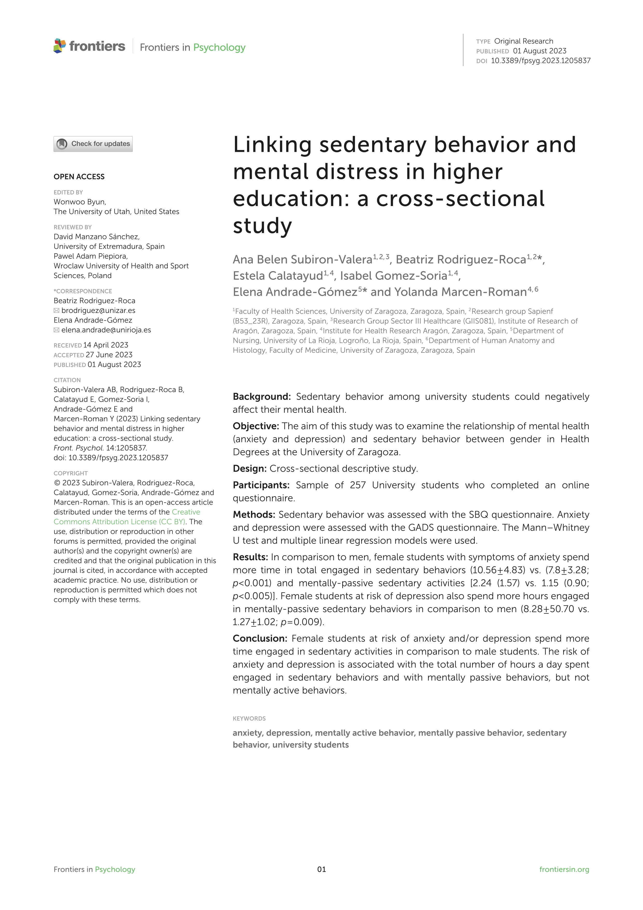Linking sedentary behavior and mental distress in higher education: a cross-sectional study