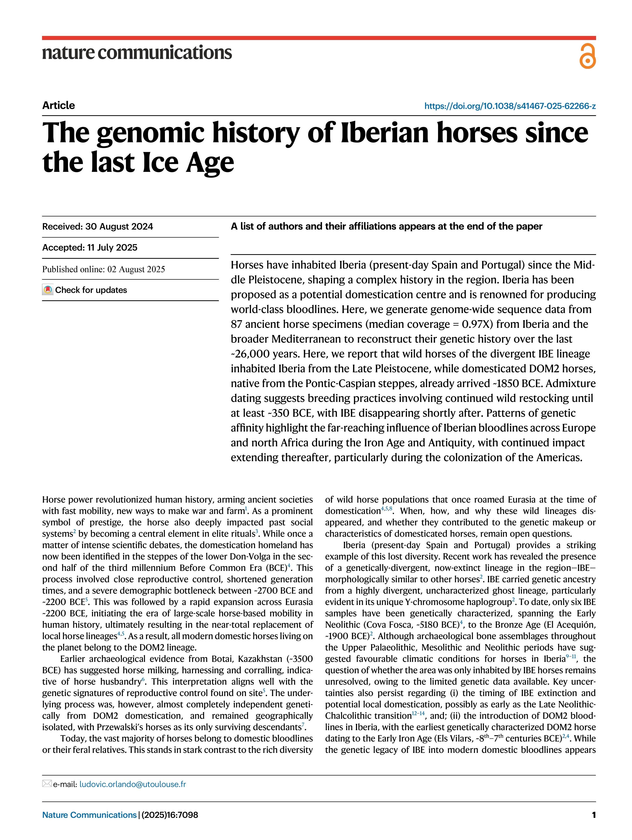 The genomic history of Iberian horses since the last Ice Age