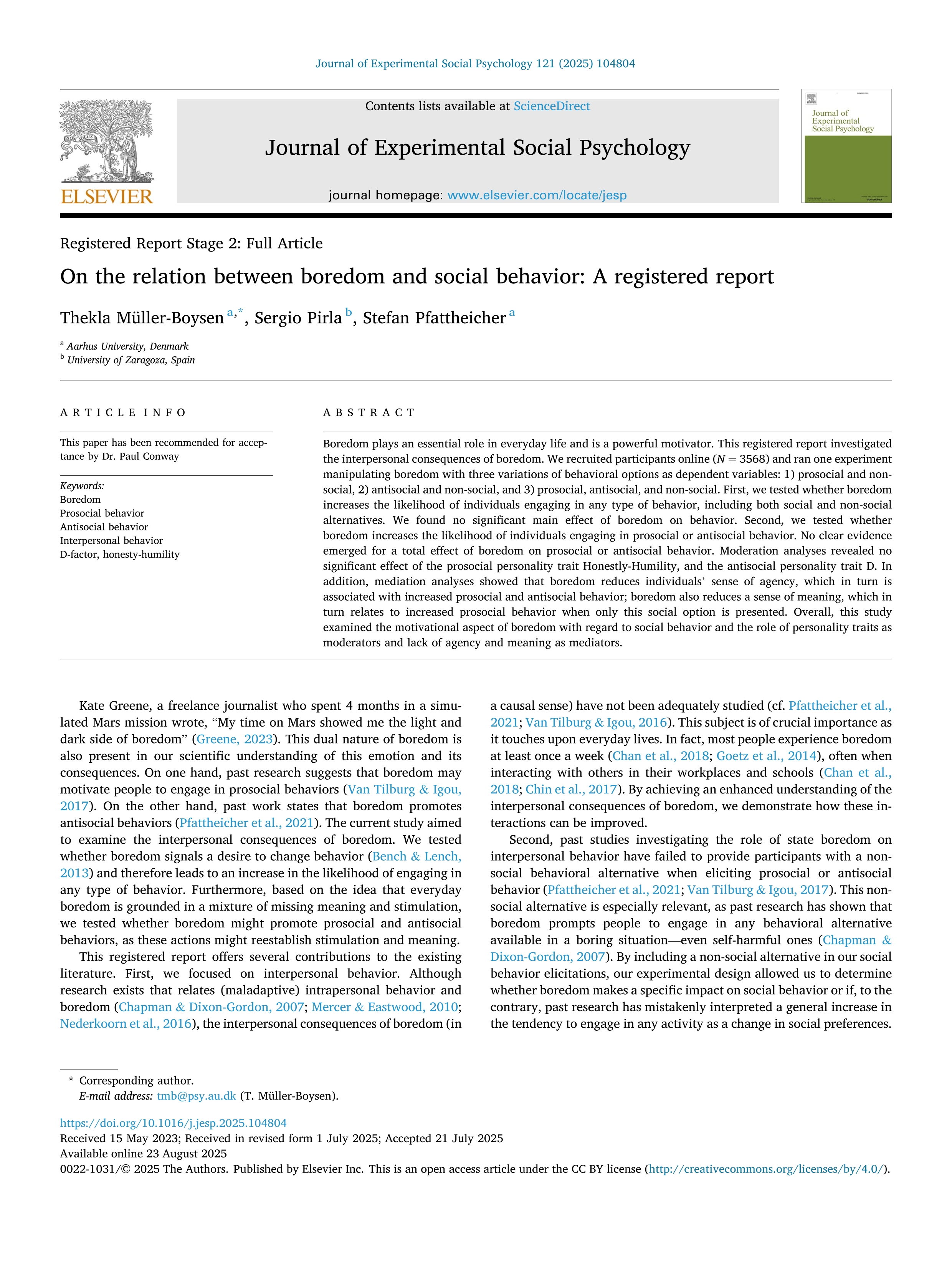 On the relation between boredom and social behavior: A registered report