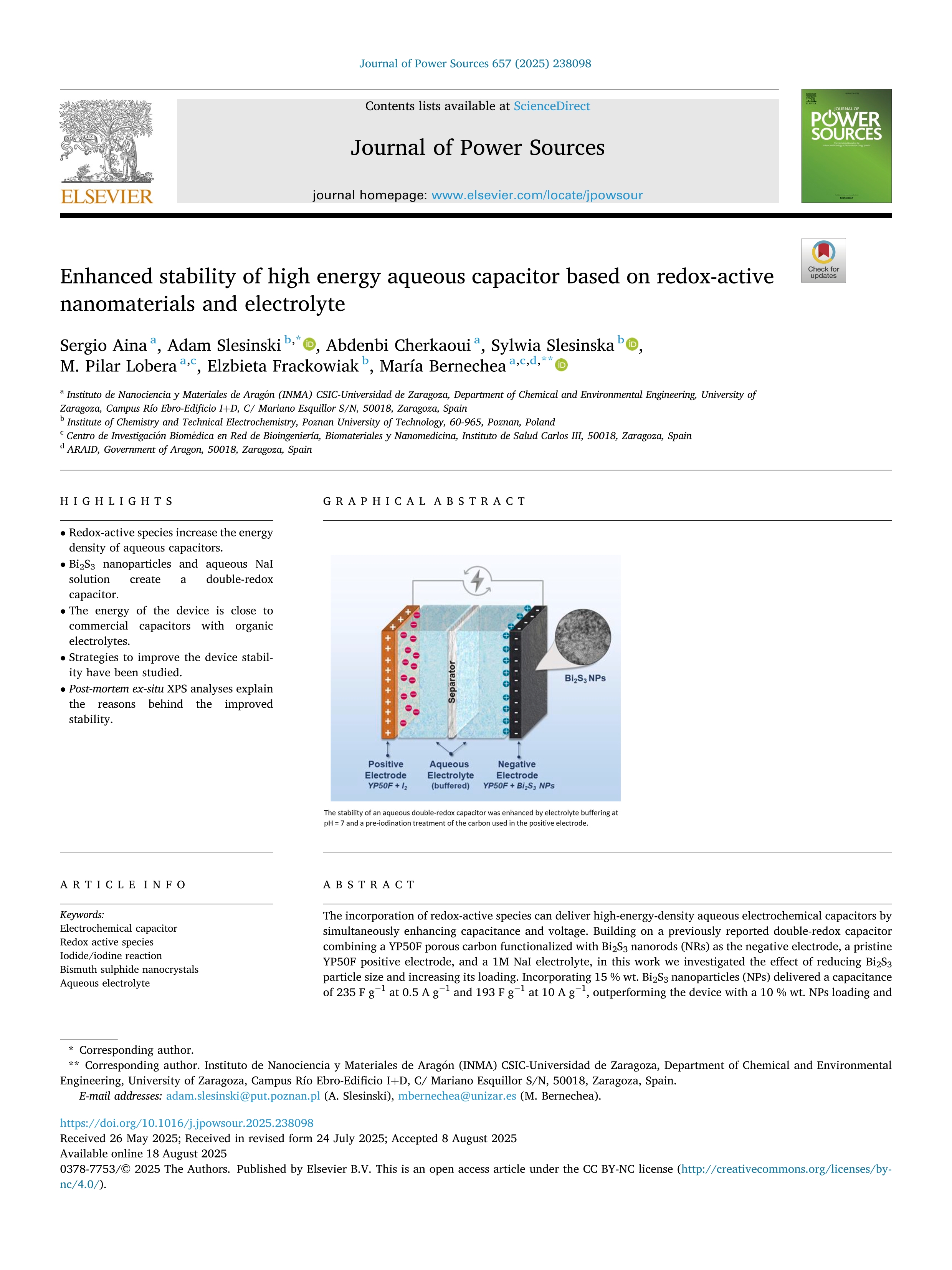Enhanced stability of high energy aqueous capacitor based on redox-active nanomaterials and electrolyte