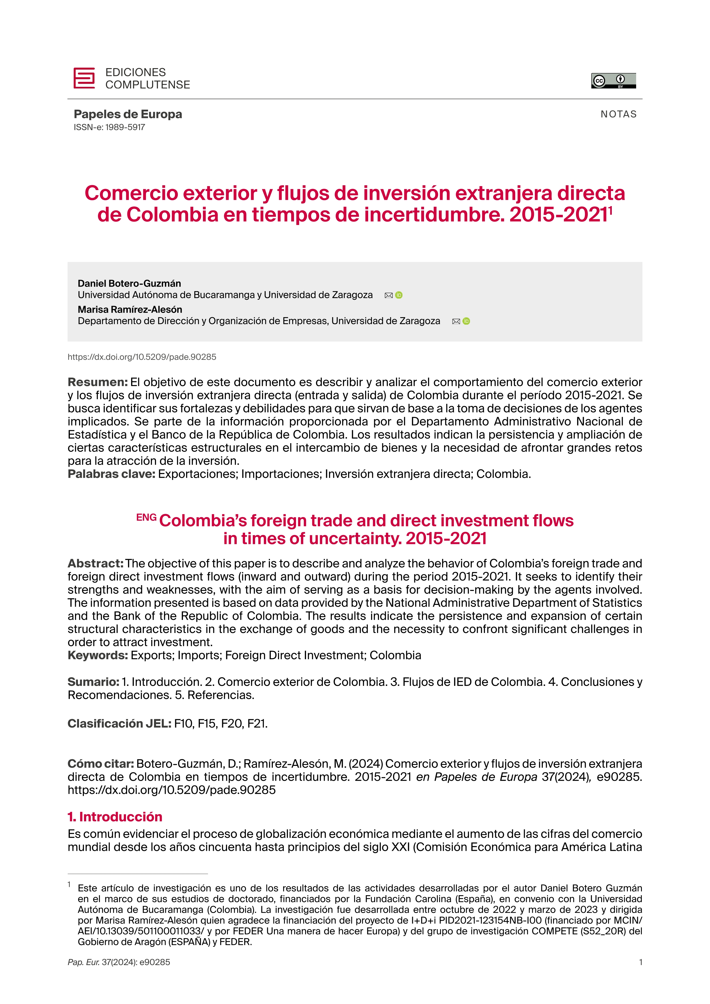 Comercio exterior y flujos de inversión extranjera directa de Colombia en tiempos de incertidumbre. 2015-2021