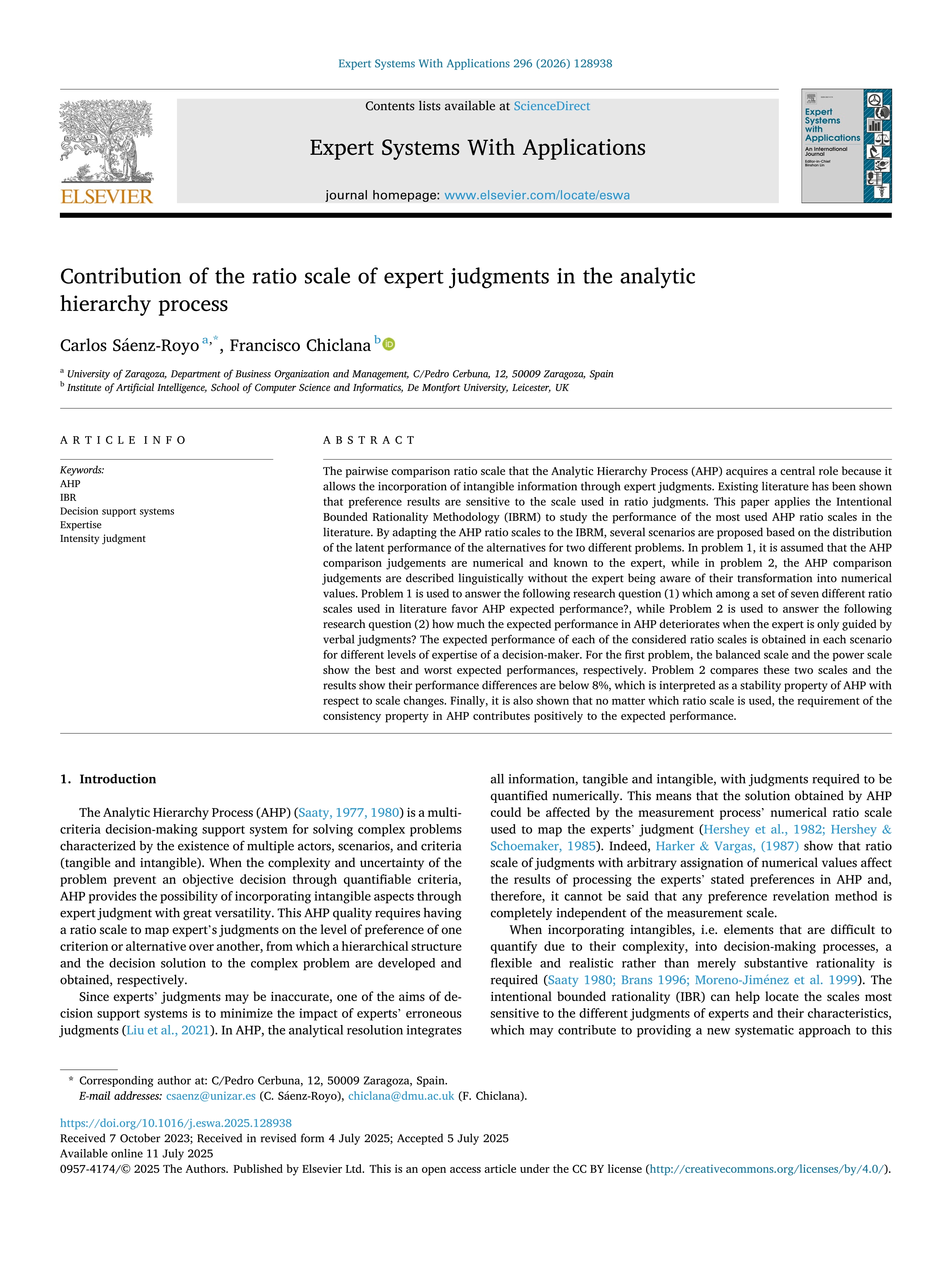 Contribution of the ratio scale of expert judgments in the analytic hierarchy process