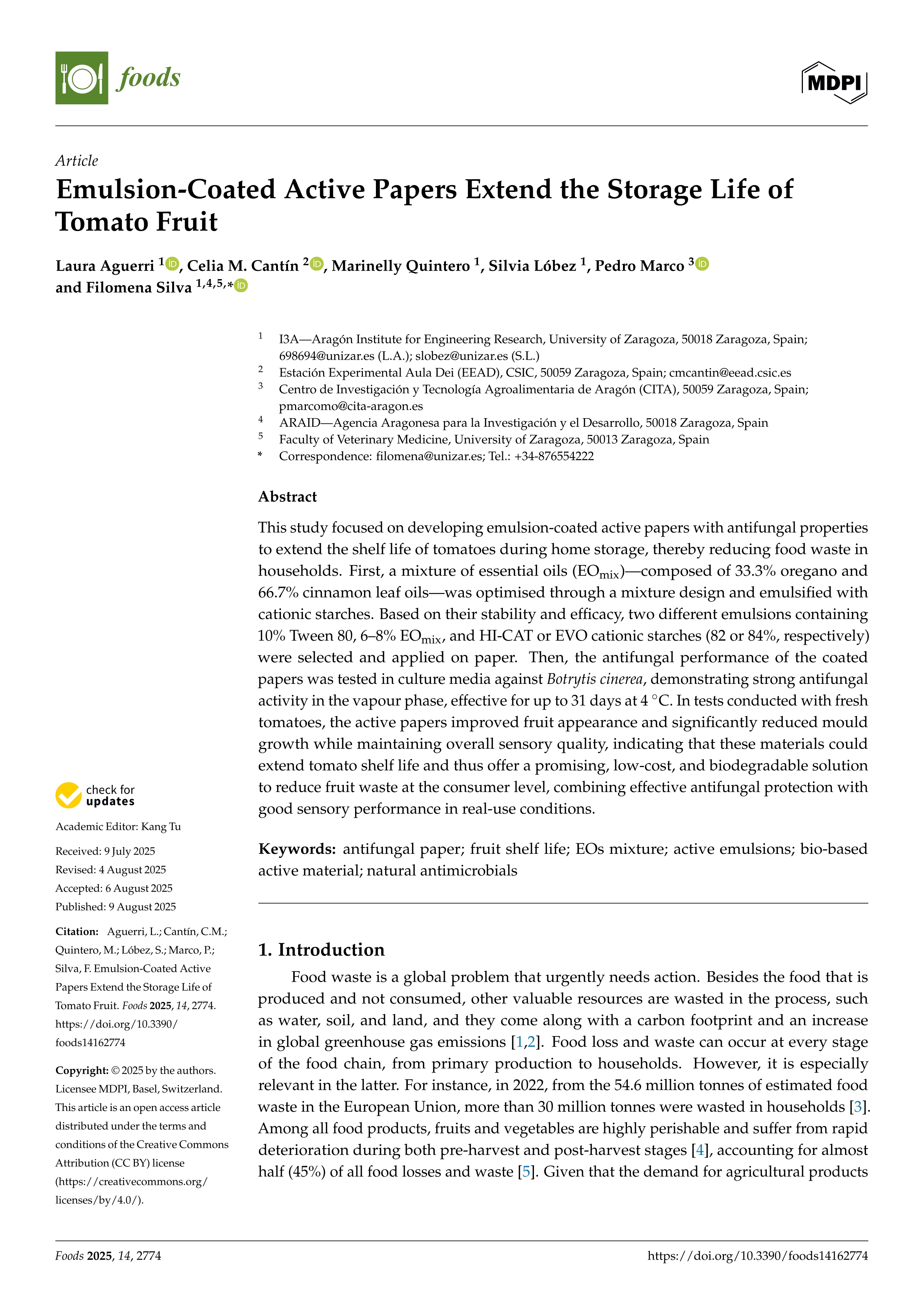 Emulsion-Coated Active Papers Extend the Storage Life of Tomato Fruit