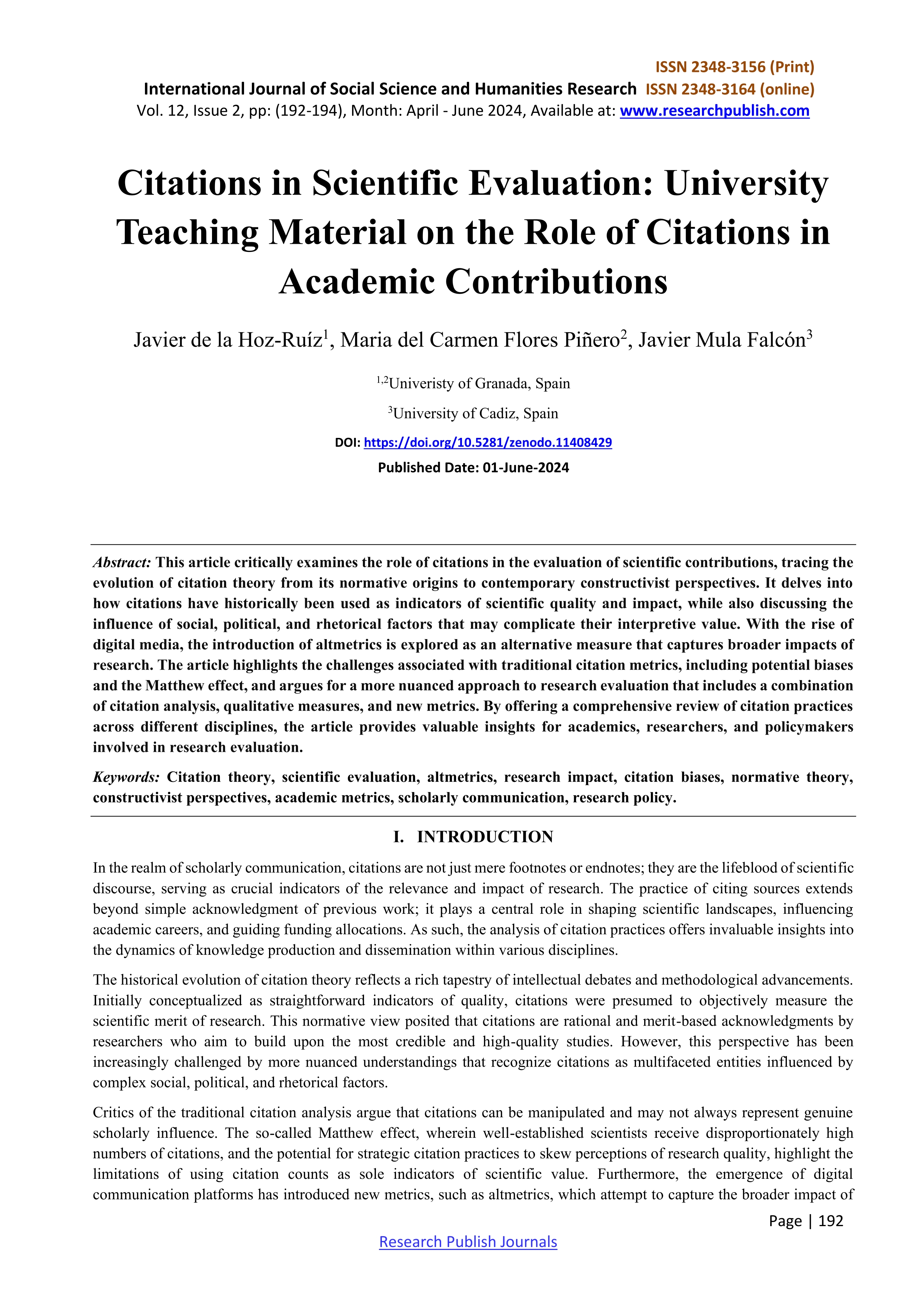 Citations in scientific evaluation: University teaching material on the role of citations in academic contributions