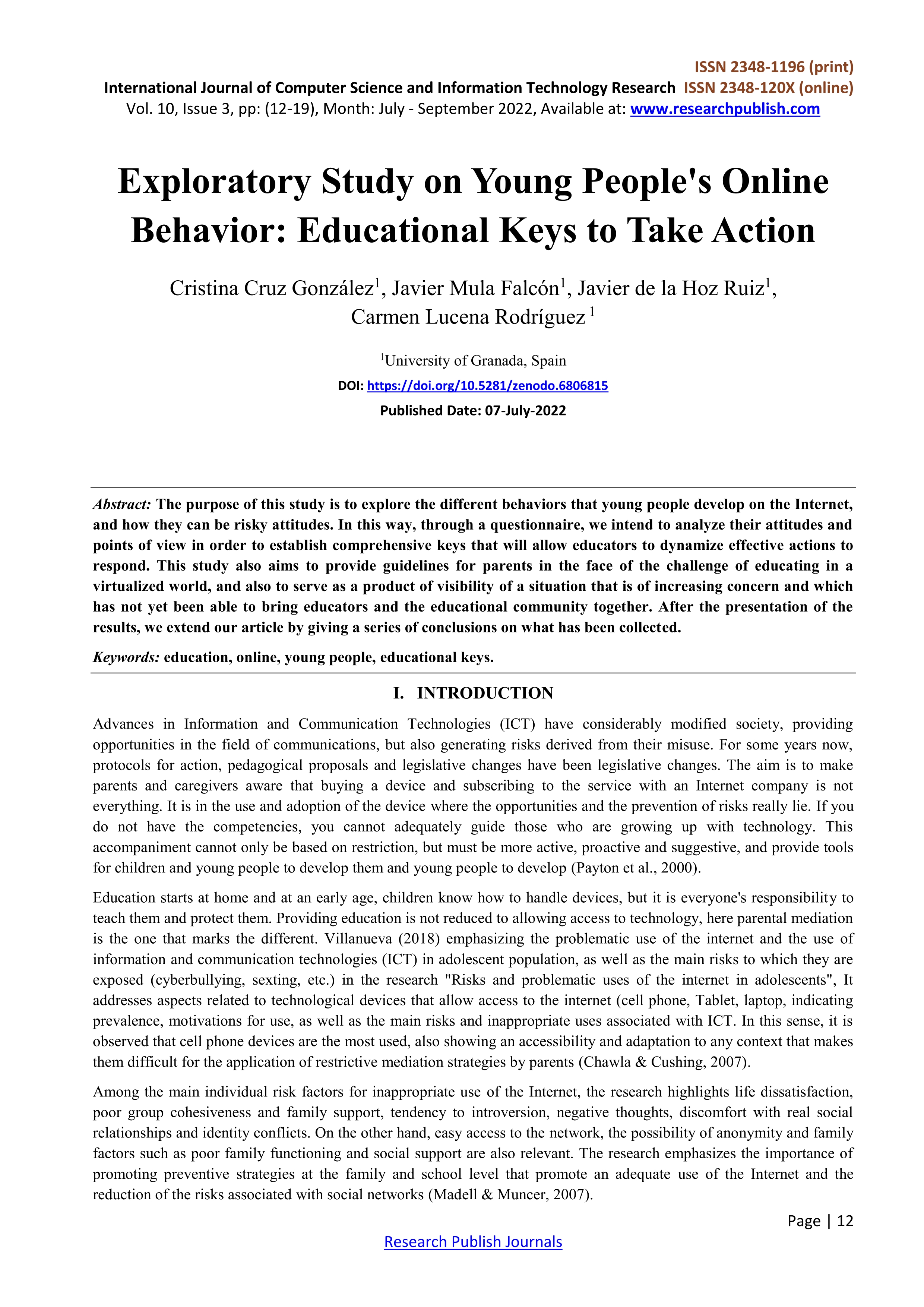 Exploratory study on young people's online behavior: Educational keys to take action.