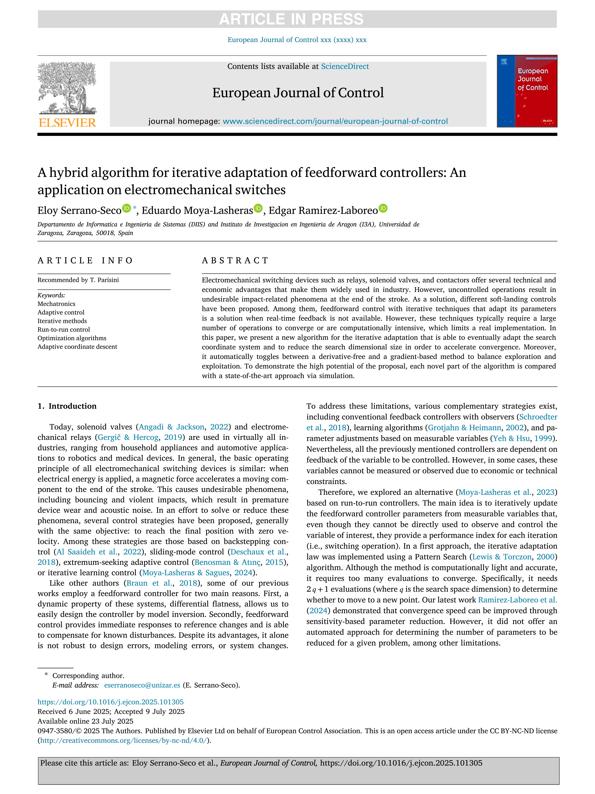 A hybrid algorithm for iterative adaptation of feedforward controllers: An application on electromechanical switches
