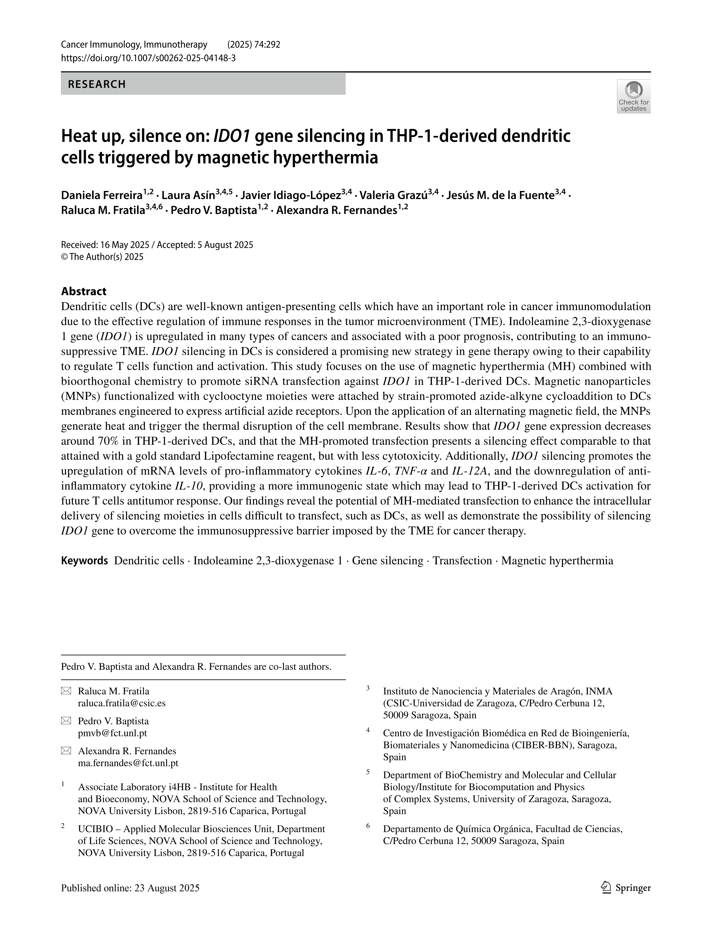 Heat up, silence on: IDO1 gene silencing in THP‑1‑derived dendritic cells triggered by magnetic hyperthermia