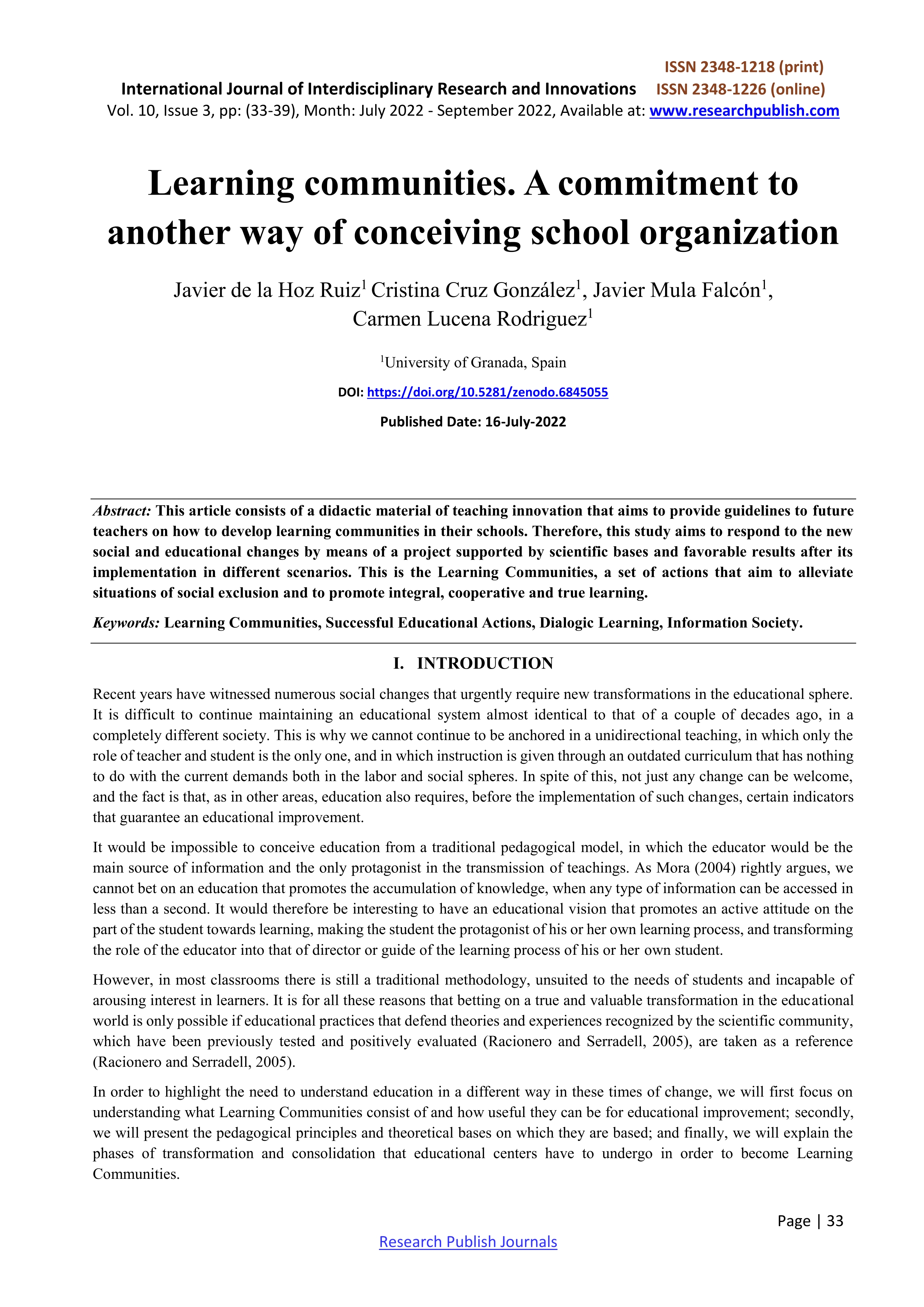 Learning communities. A commitment to another way of conceiving school organization