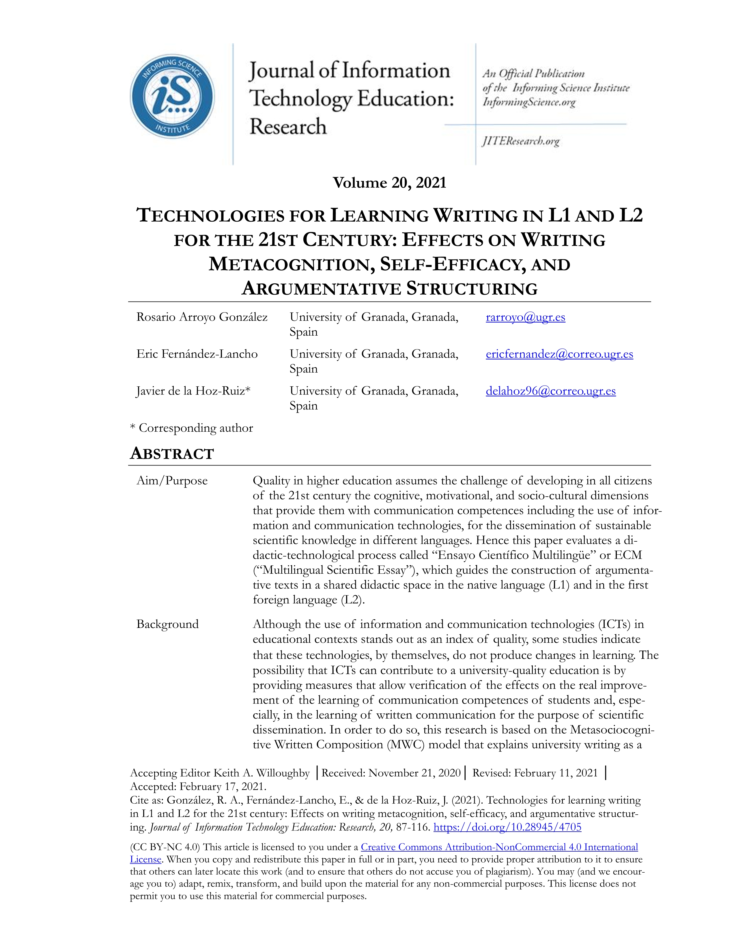 Technologies for learning writing in L1 and L2 for the 21st century: Effects on writing metacognition, self-efficacy, and argumentative structuring