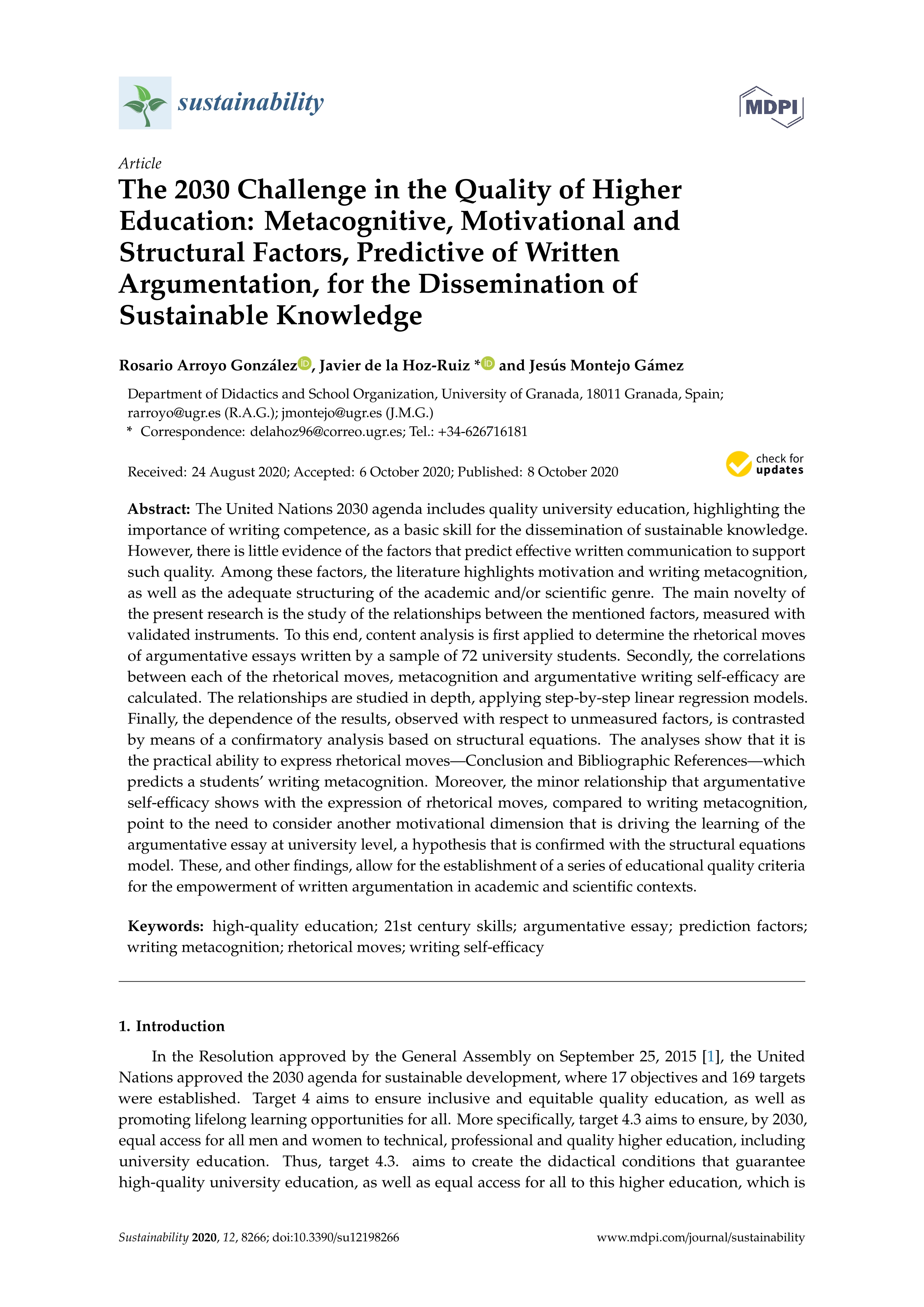 The 2030 challenge in the quality of higher education: Metacognitive, motivational and structural factors, predictive of written argumentation, for the dissemination of sustainable knowledge