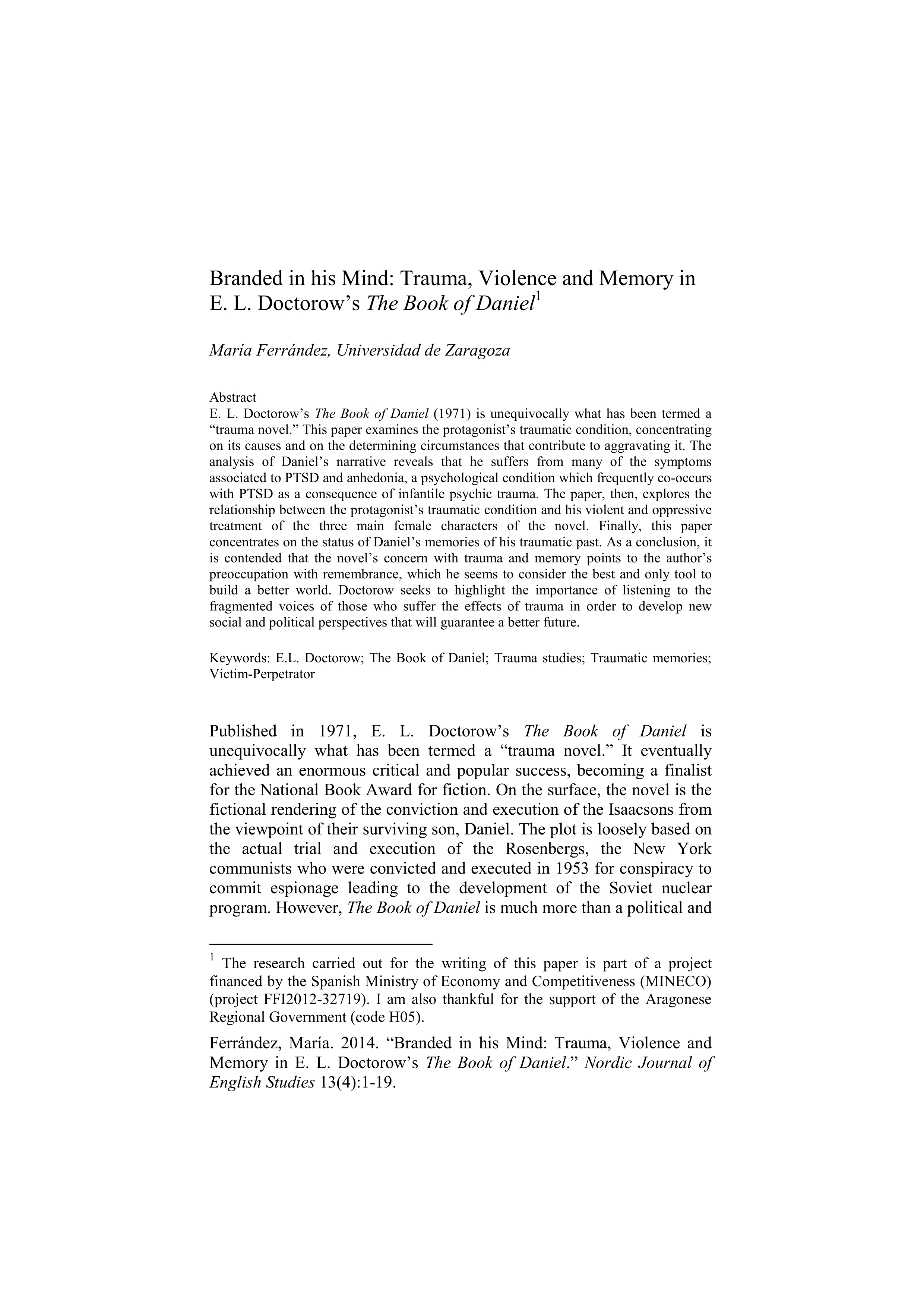 Branded in his mind: Trauma, violence and memory in E. L. Doctorow's the Book of Daniel