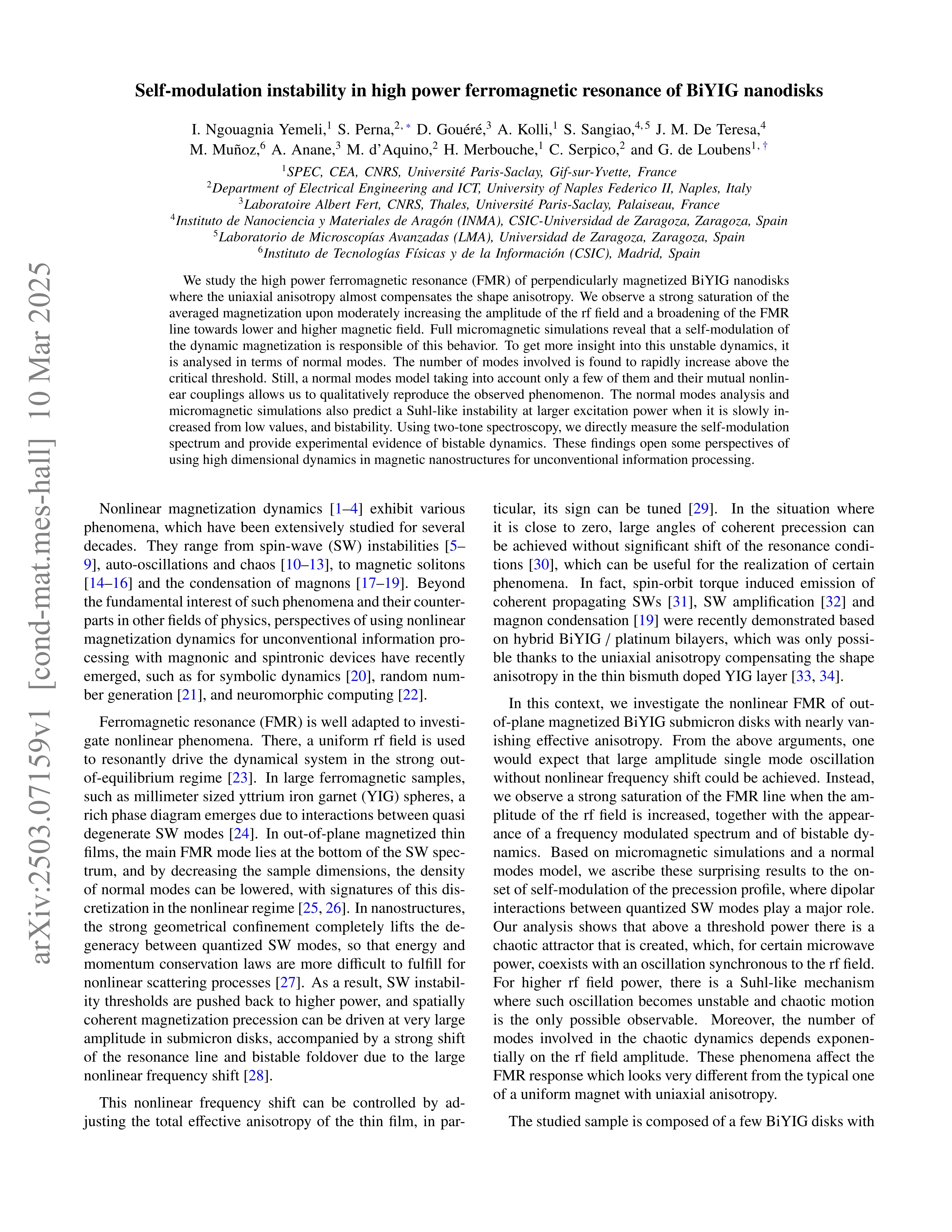 Self-Modulation Instability in High Power Ferromagnetic Resonance of BiYIG Nanodisks