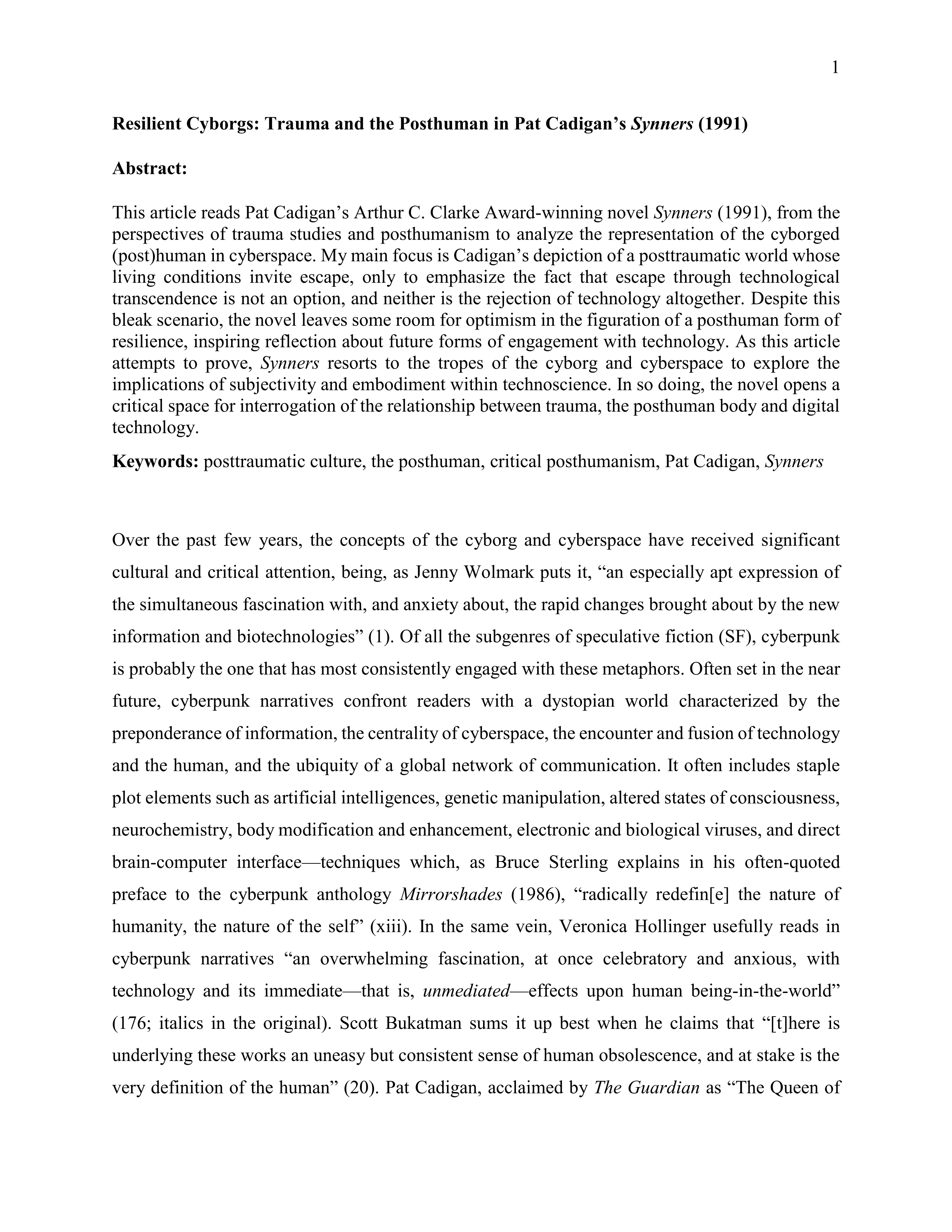 Resilient Cyborgs: Trauma and the Posthuman in Pat Cadigan’s Synners (1991)
