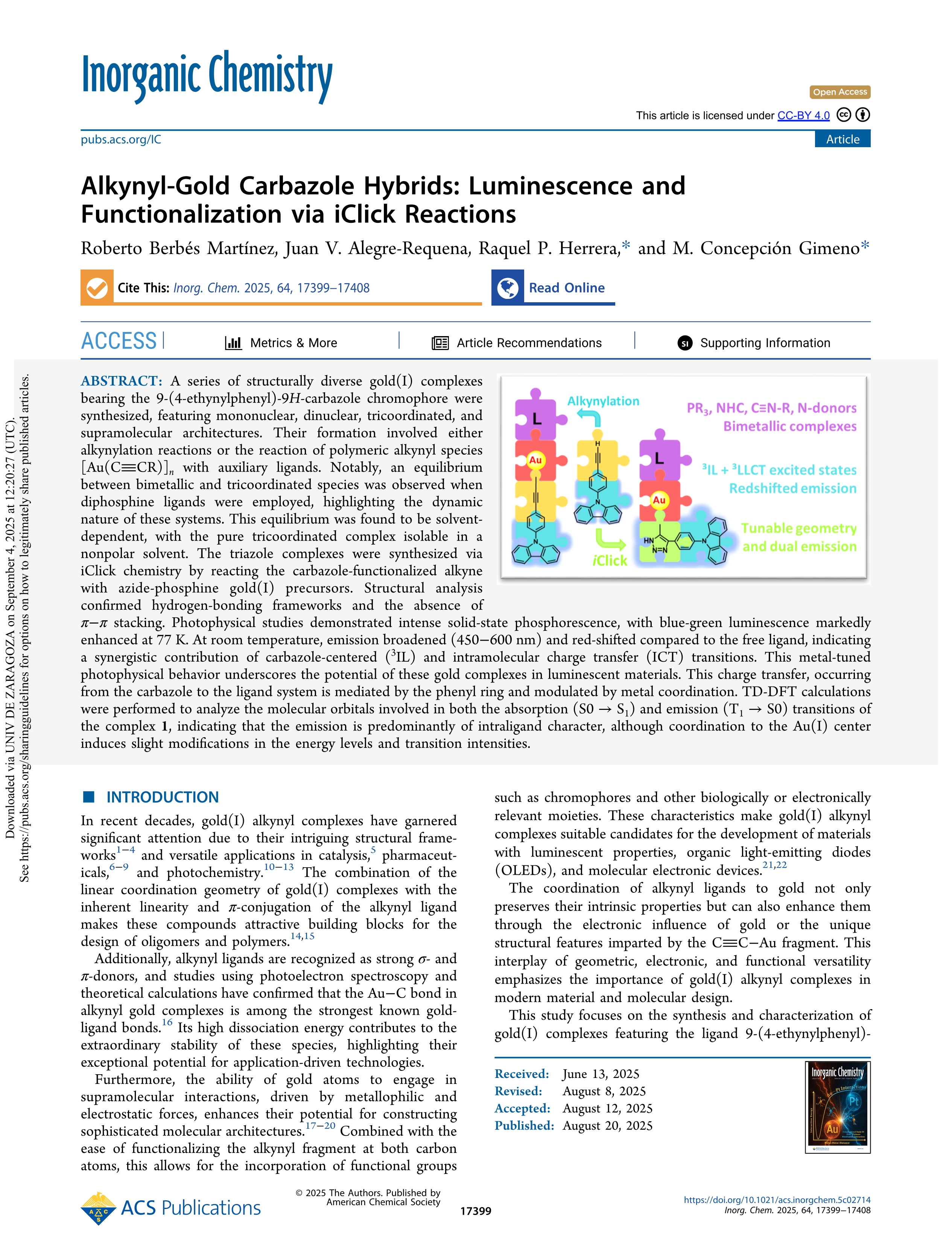 Alkynyl-Gold Carbazole Hybrids: Luminescence and Functionalization via iClick Reactions