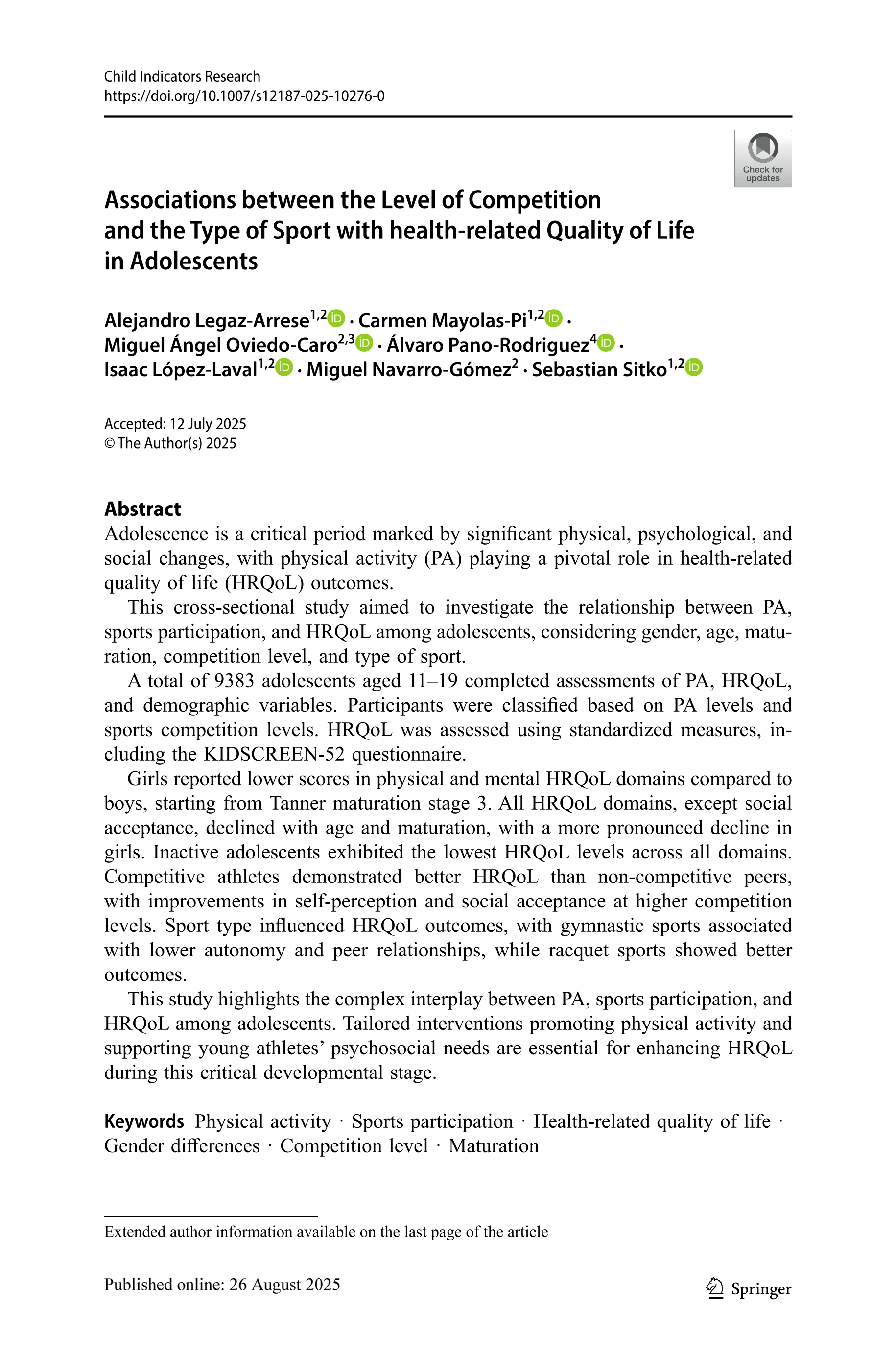 Associations between the Level of Competition and the Type of Sport with health-related Quality of Life in Adolescents