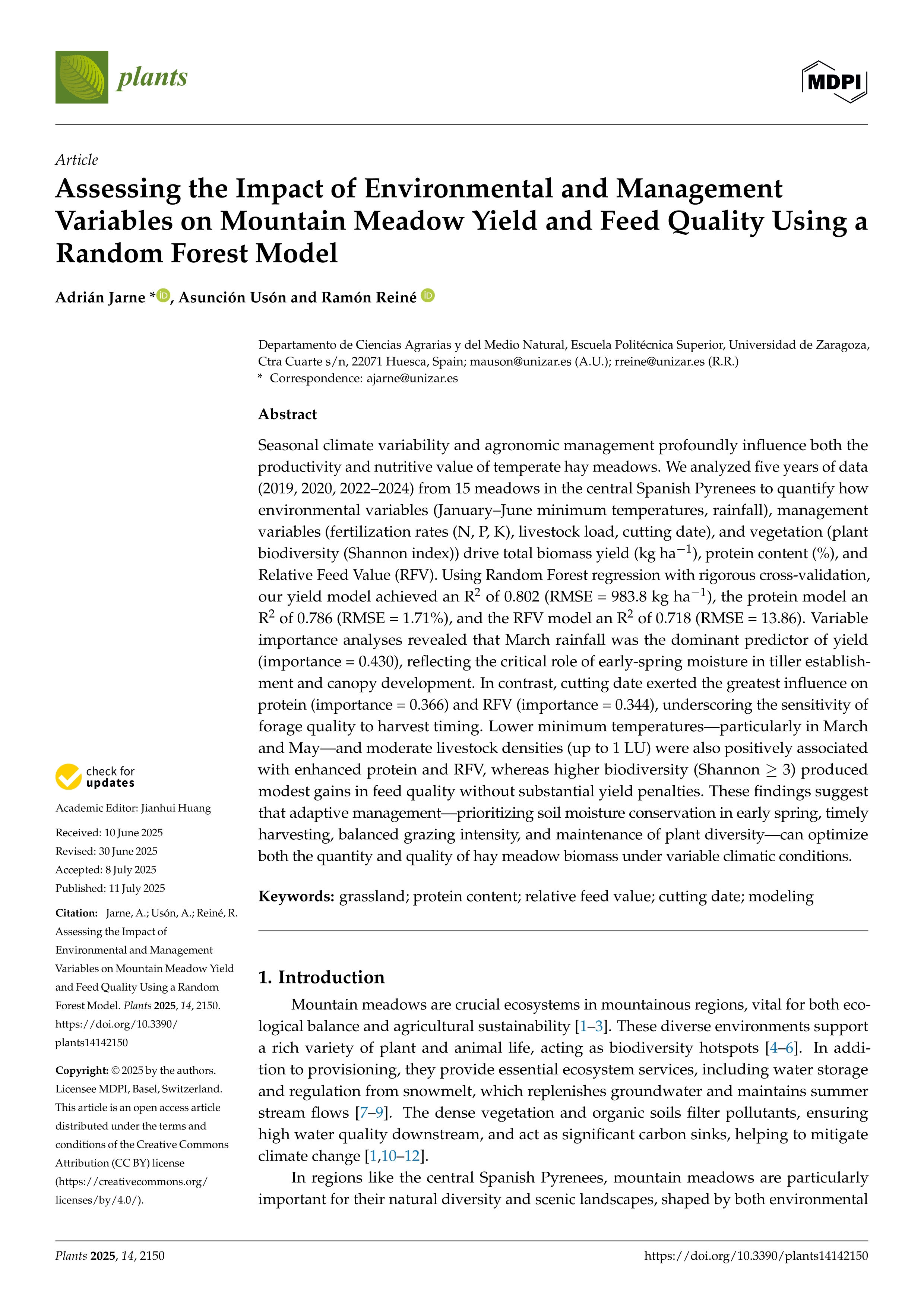 Assessing the Impact of Environmental and Management Variables on Mountain Meadow Yield and Feed Quality Using a Random Forest Model