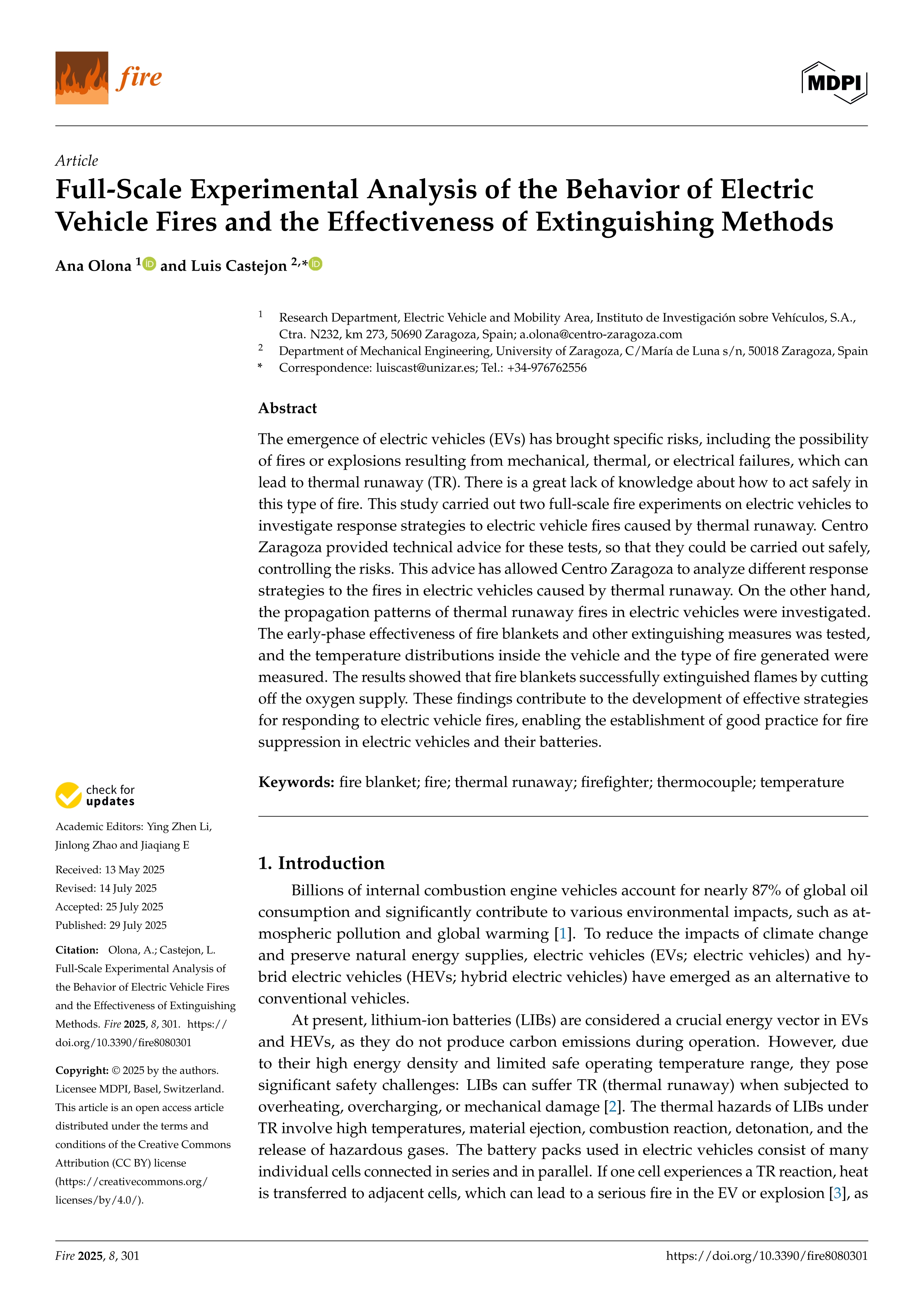 Full-Scale Experimental Analysis of the Behavior of Electric Vehicle Fires and the Effectiveness of Extinguishing Methods