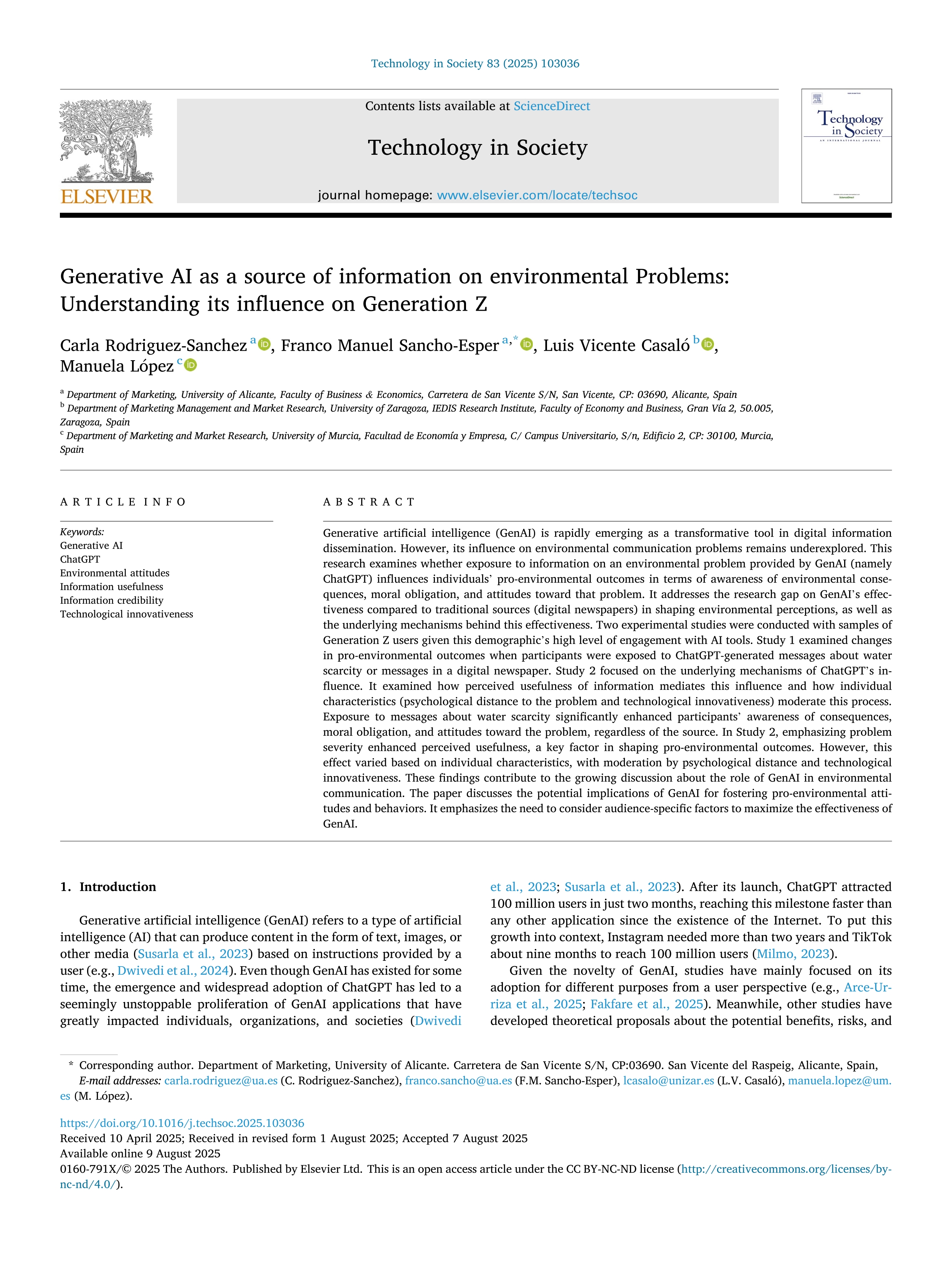 Generative AI as a source of information on environmental Problems: Understanding its influence on Generation Z