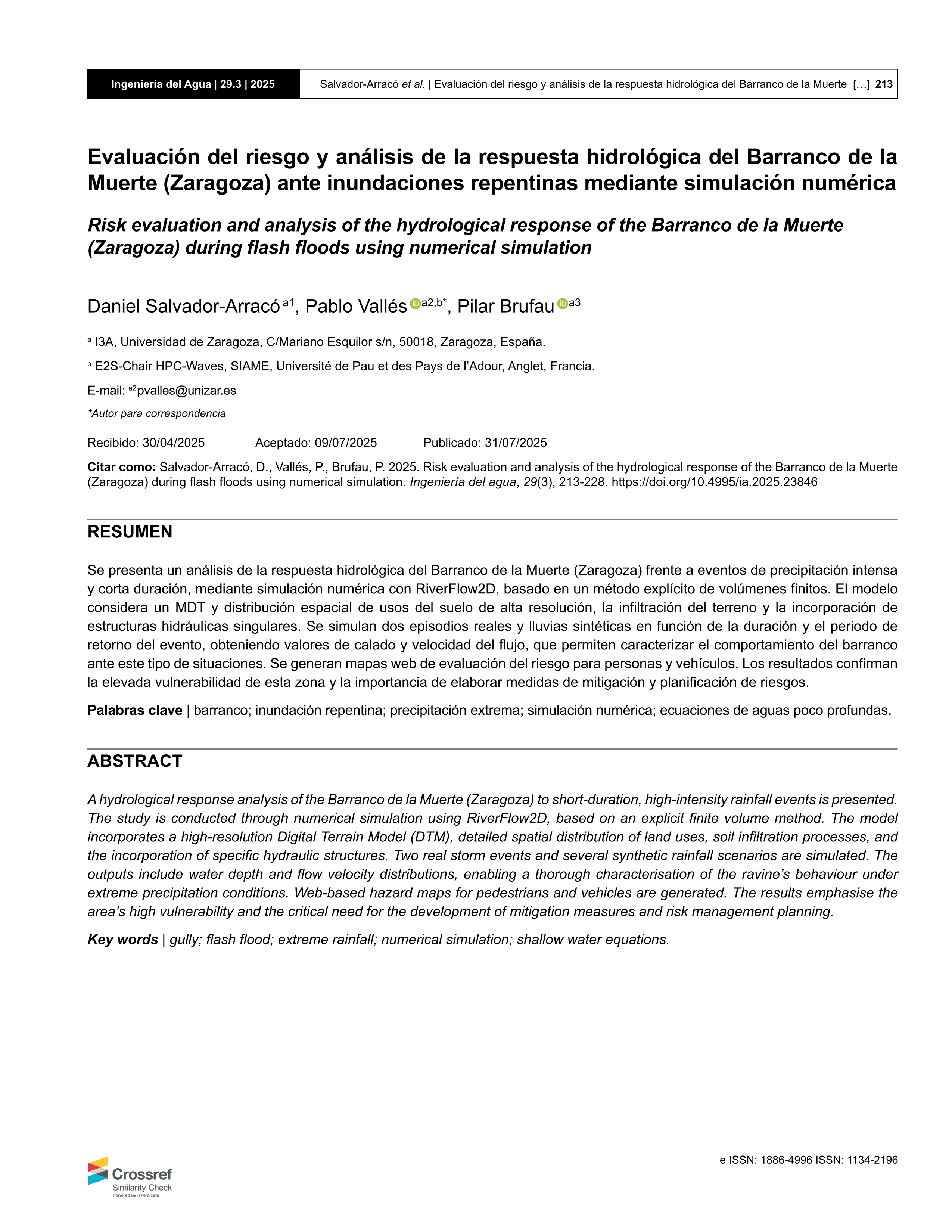Evaluación del riesgo y análisis de la respuesta hidrológica del Barranco de la Muerte (Zaragoza) ante inundaciones repentinas mediante simulación numérica