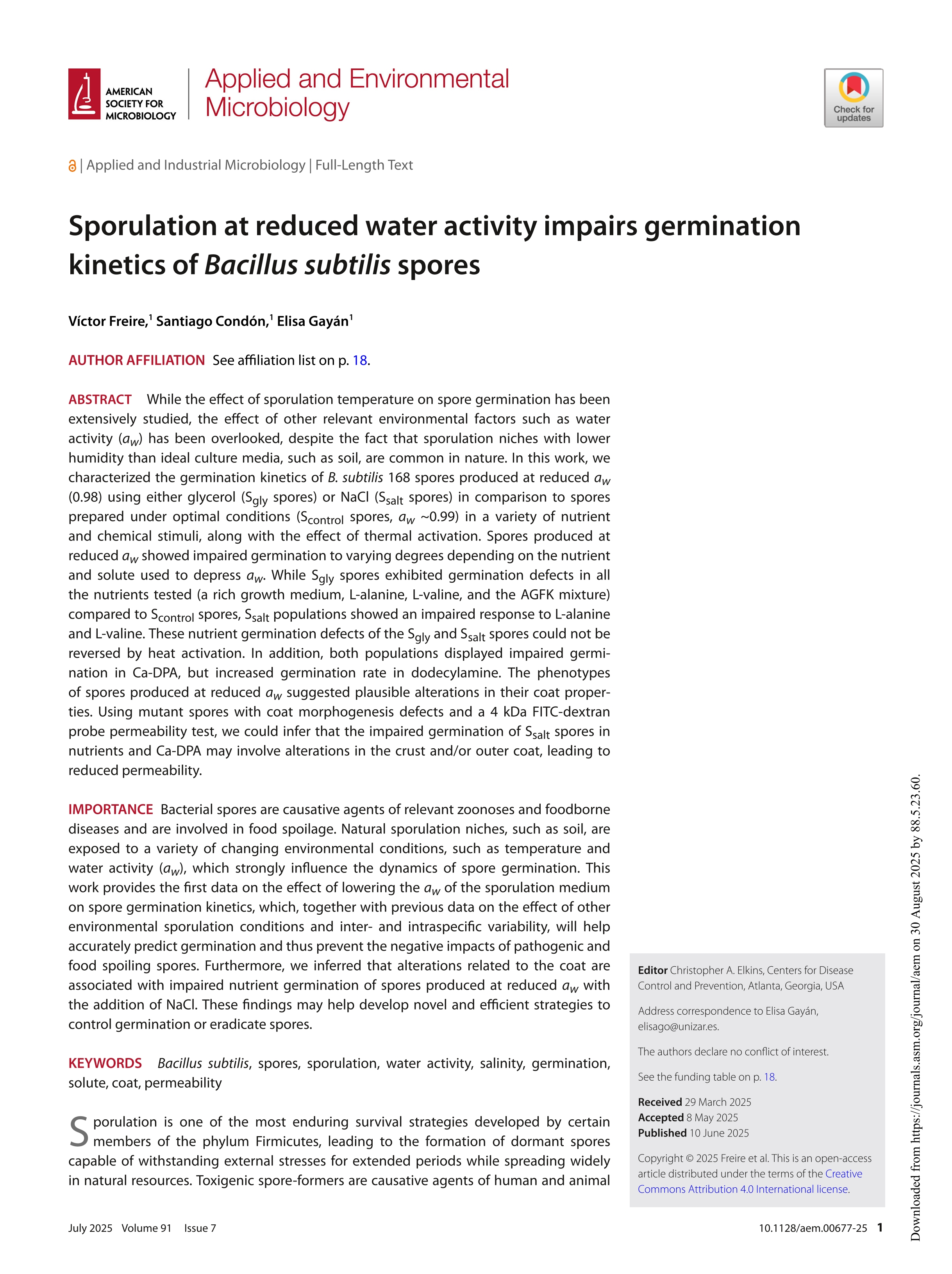 Sporulation at reduced water activity impairs germination kinetics of Bacillus subtilis spores